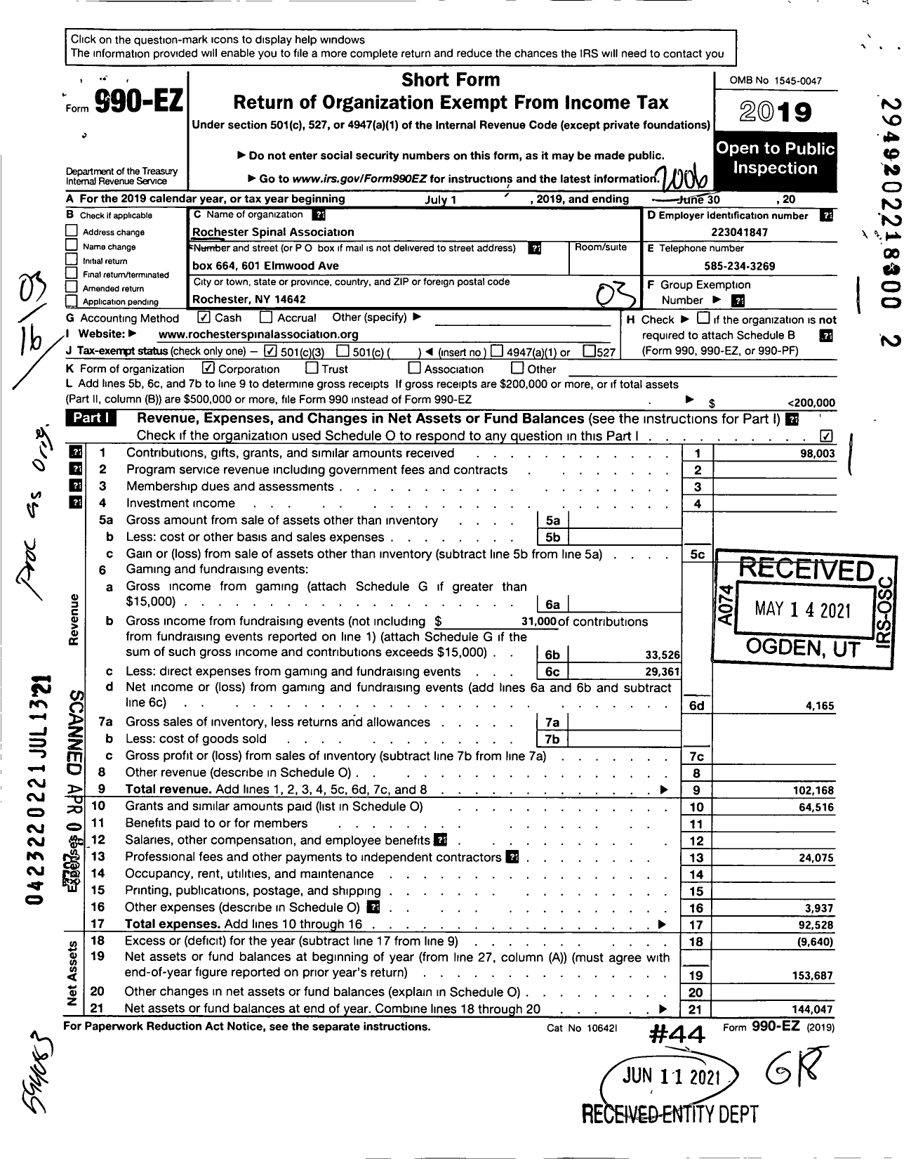 Image of first page of 2019 Form 990EZ for Rochester Spinal Association