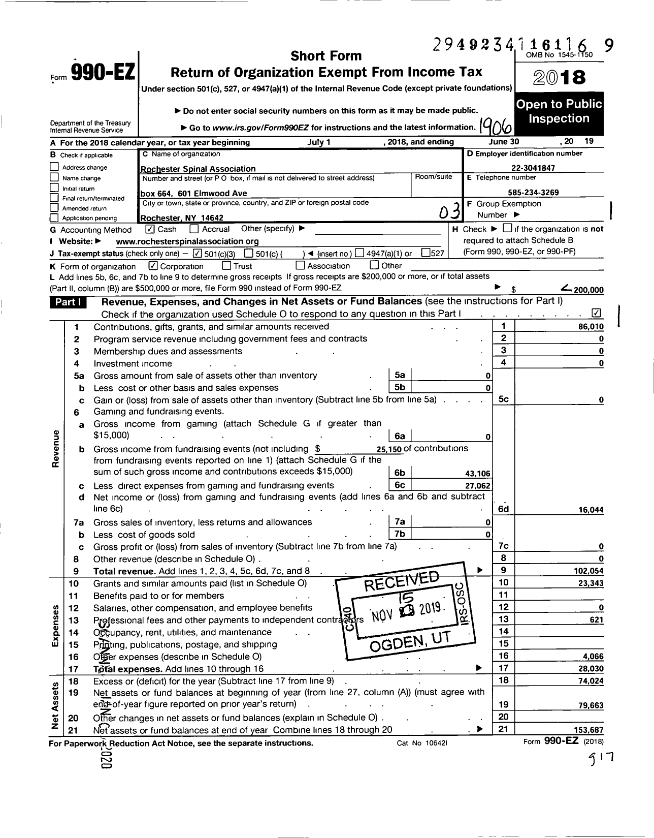 Image of first page of 2018 Form 990EZ for Rochester Spinal Association