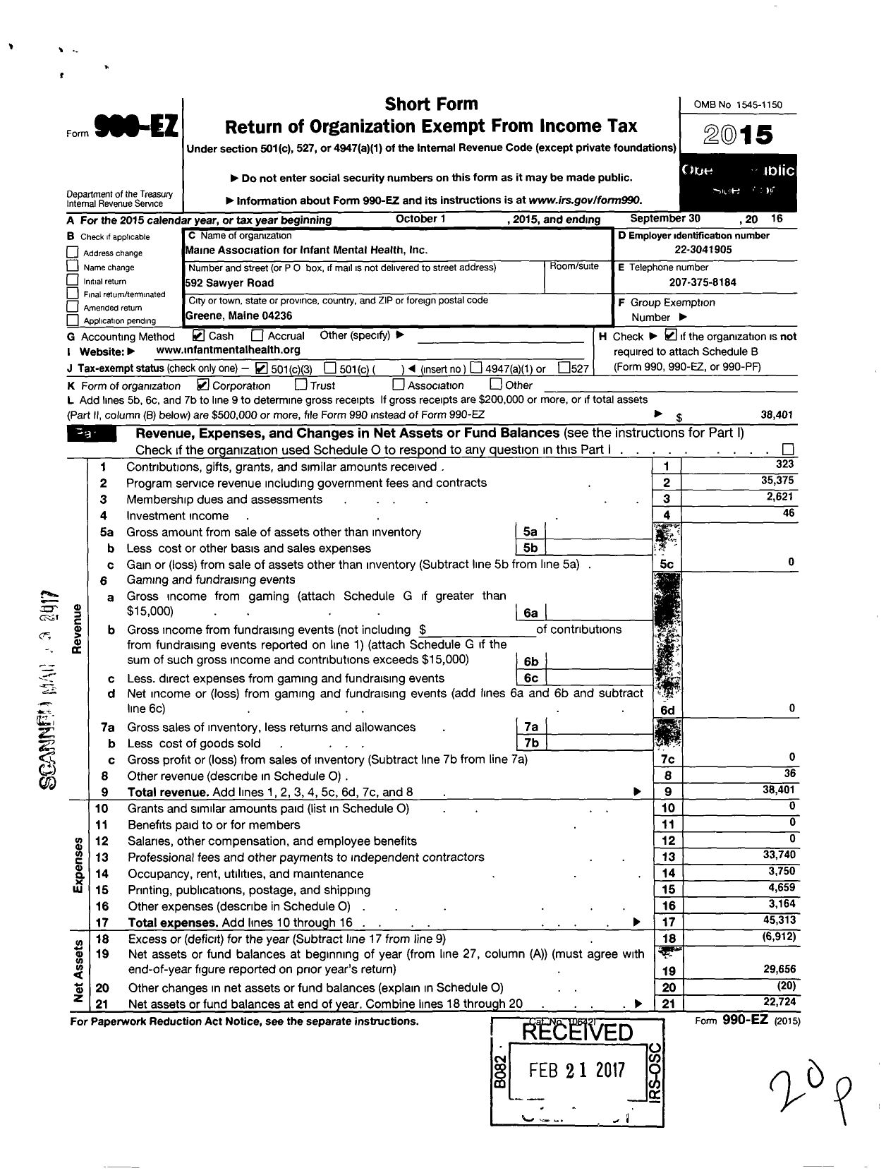 Image of first page of 2015 Form 990EZ for Maine Association for Infant Mental Health