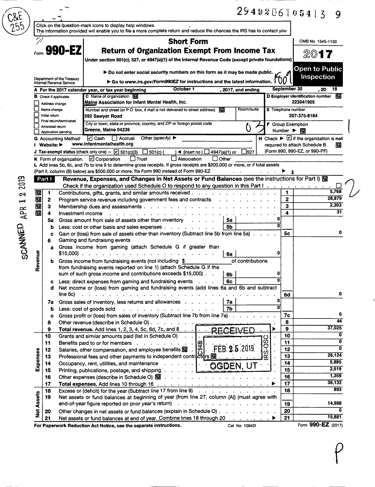 Image of first page of 2017 Form 990EZ for Maine Association for Infant Mental Health