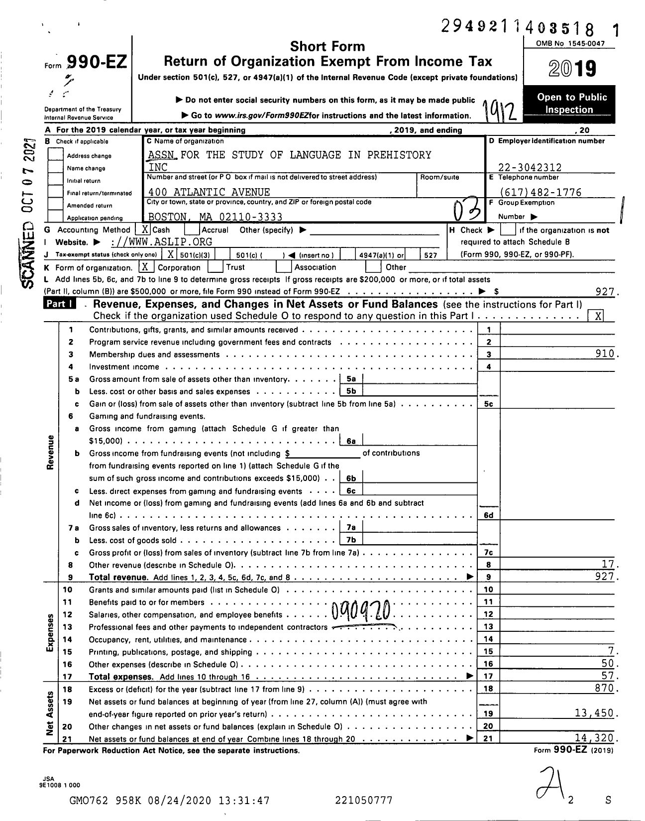 Image of first page of 2019 Form 990EZ for Association for the Study of Language in Prehistory