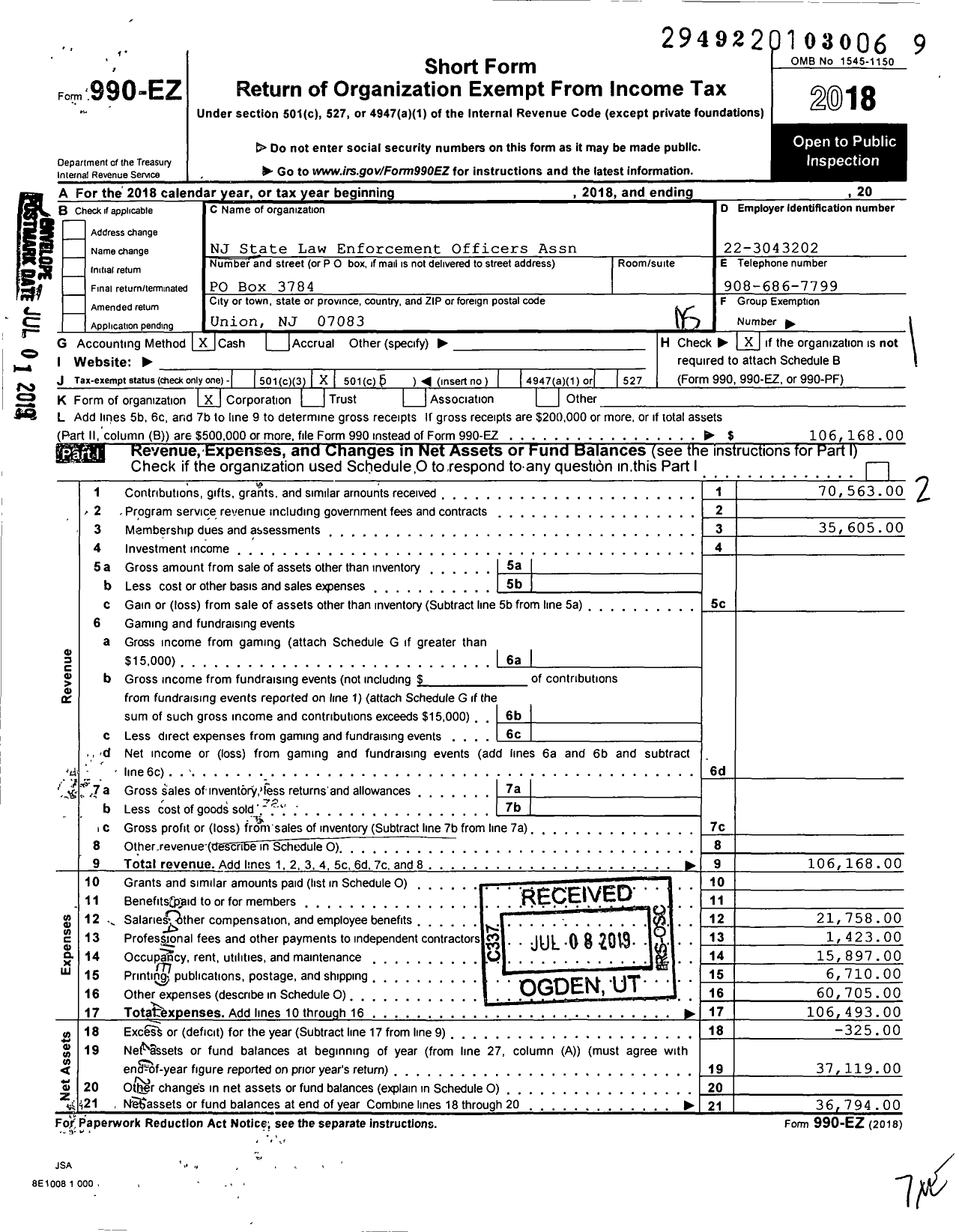 Image of first page of 2018 Form 990EO for NJ State Law Enforcement Officers Association