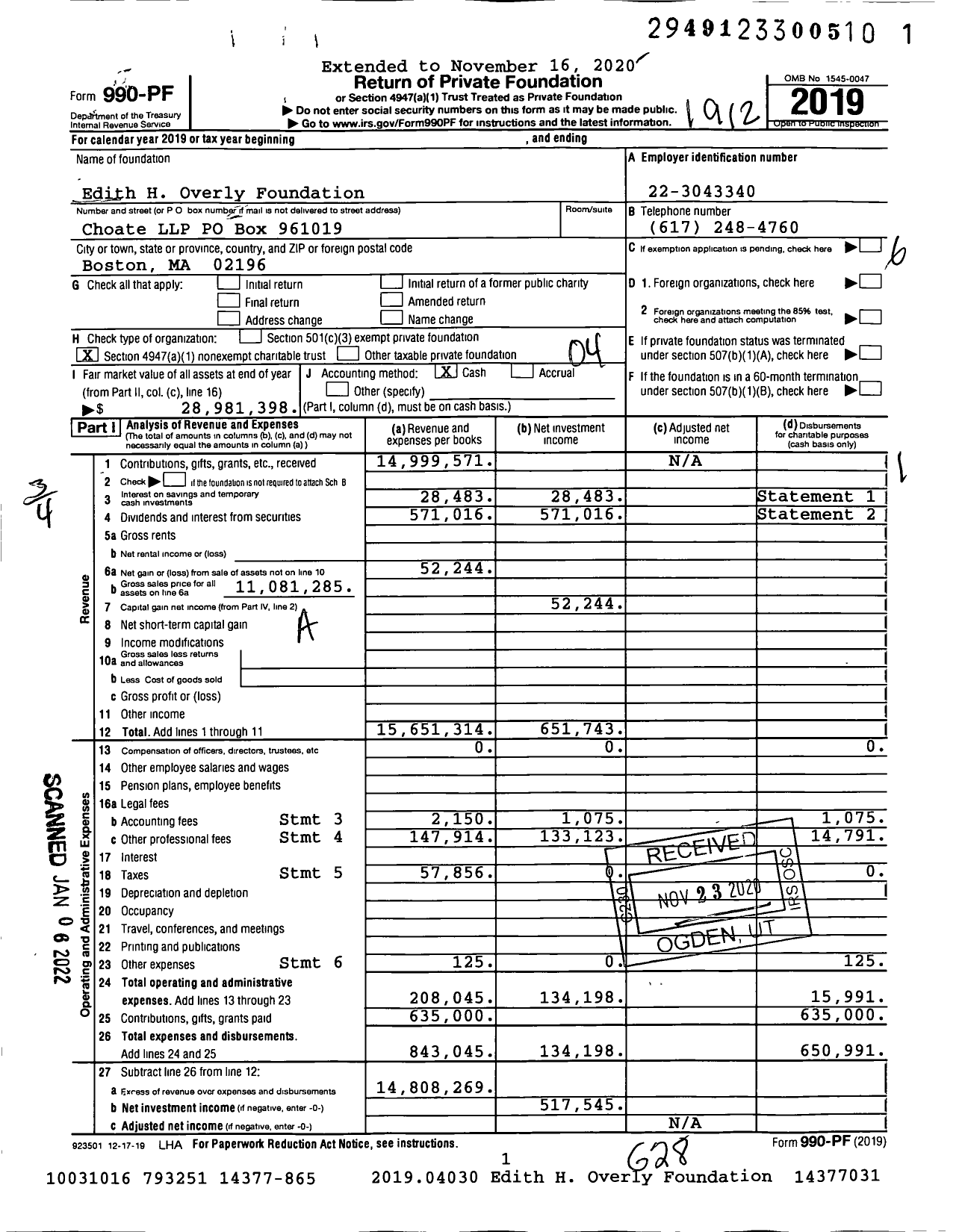 Image of first page of 2019 Form 990PF for Edith H Overly Foundation