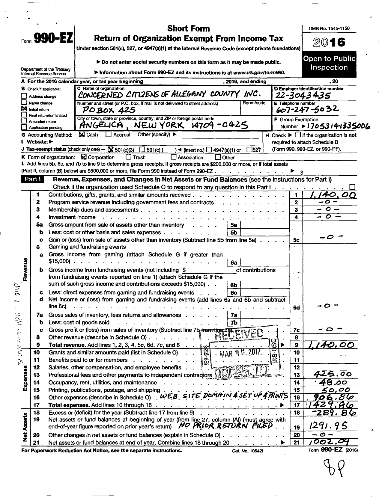 Image of first page of 2016 Form 990EZ for Concerned Citizens of Allegany County