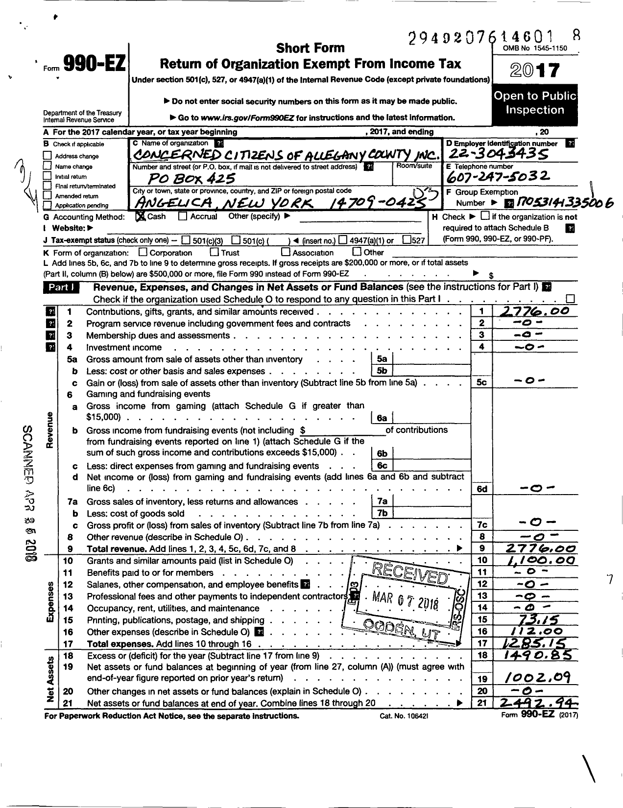 Image of first page of 2017 Form 990EZ for Concerned Citizens of Allegany County