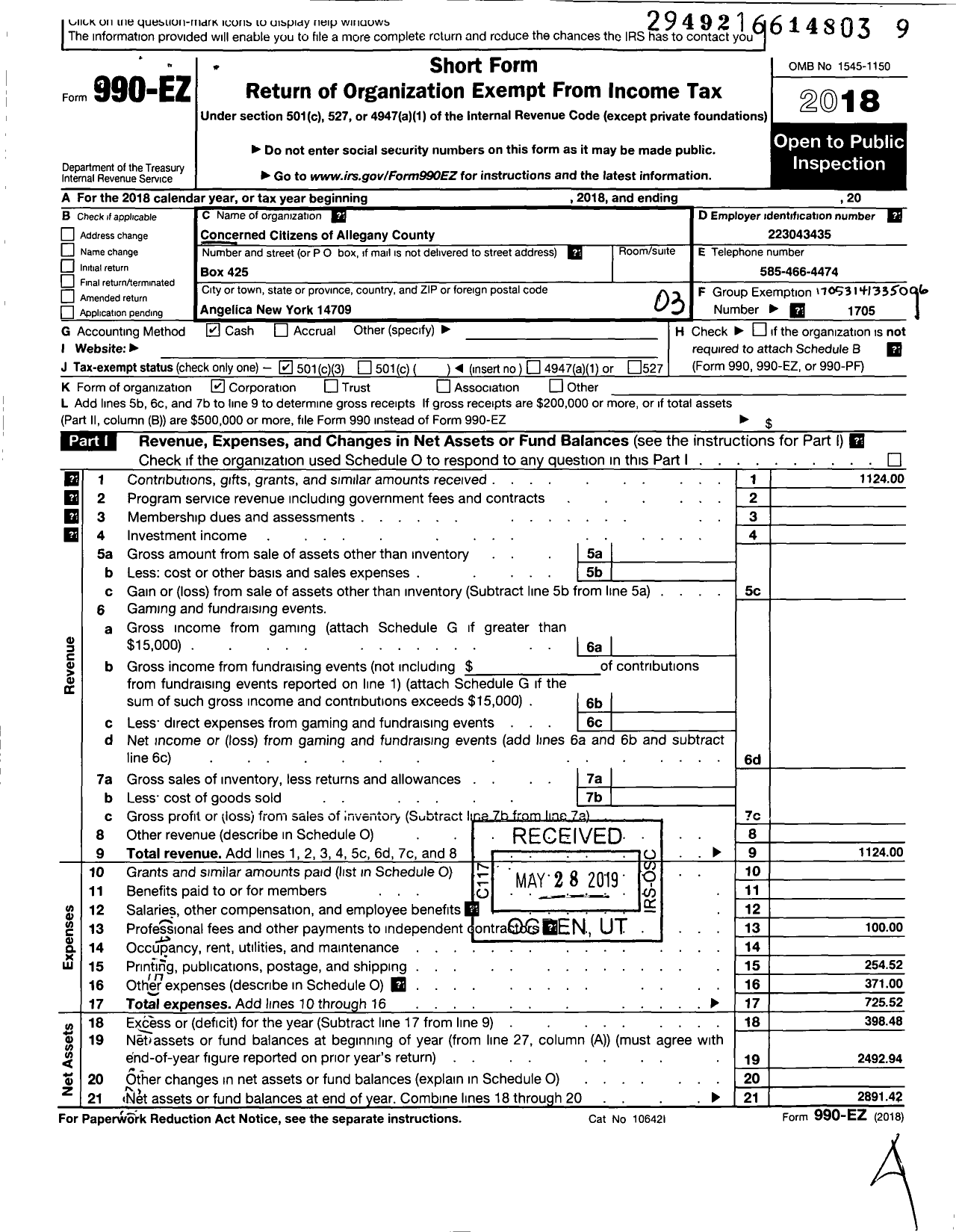 Image of first page of 2018 Form 990EZ for Concerned Citizens of Allegany County