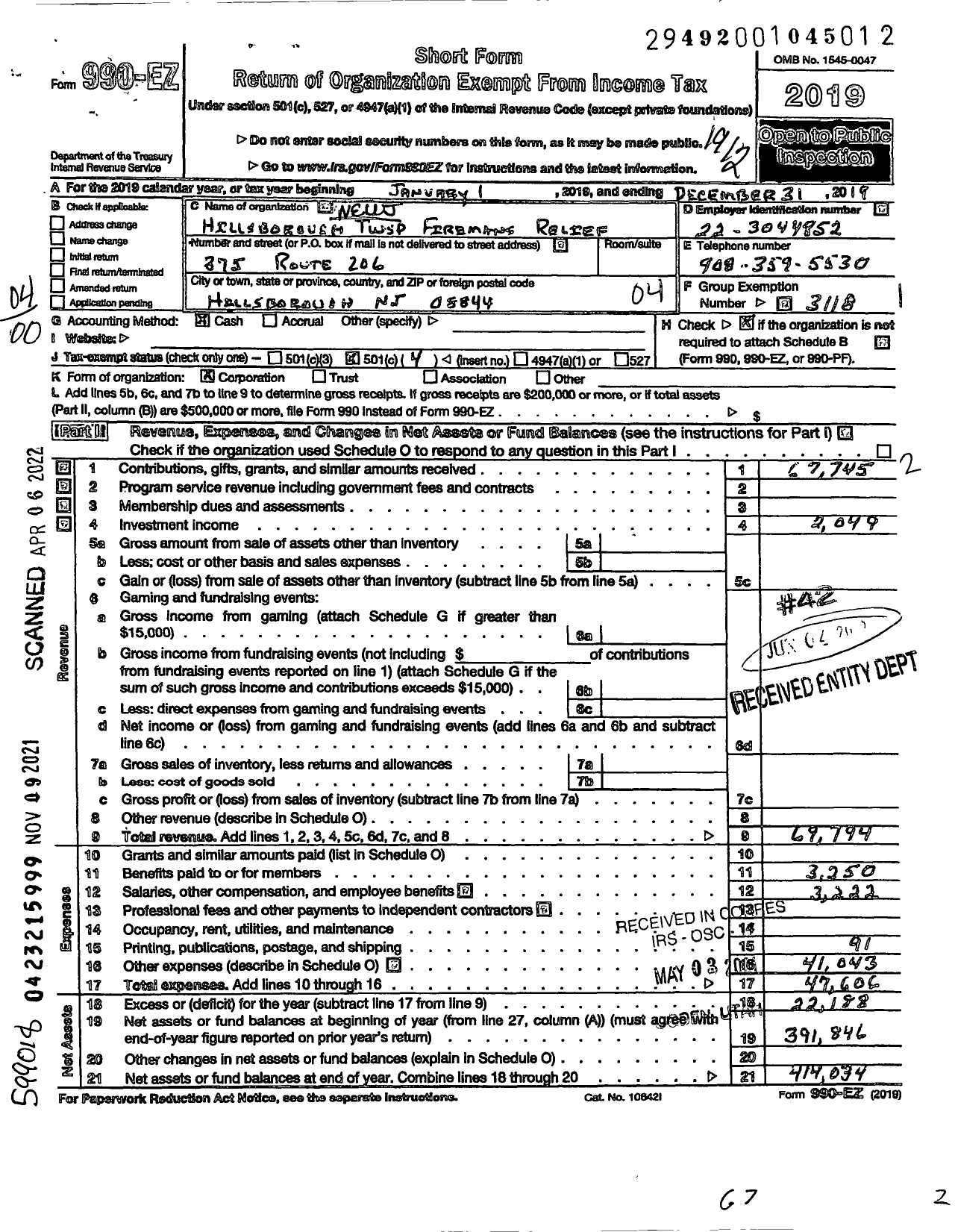 Image of first page of 2019 Form 990EO for New Jersey State Firemen's Association - Hillsborough TWSP