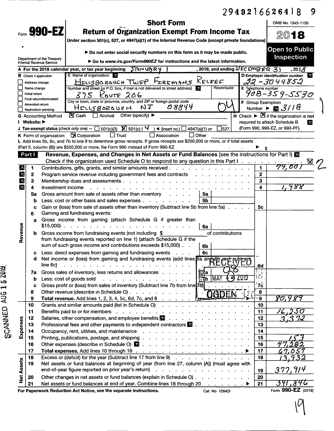 Image of first page of 2018 Form 990EO for New Jersey State Firemen's Association - Hillsborough TWSP