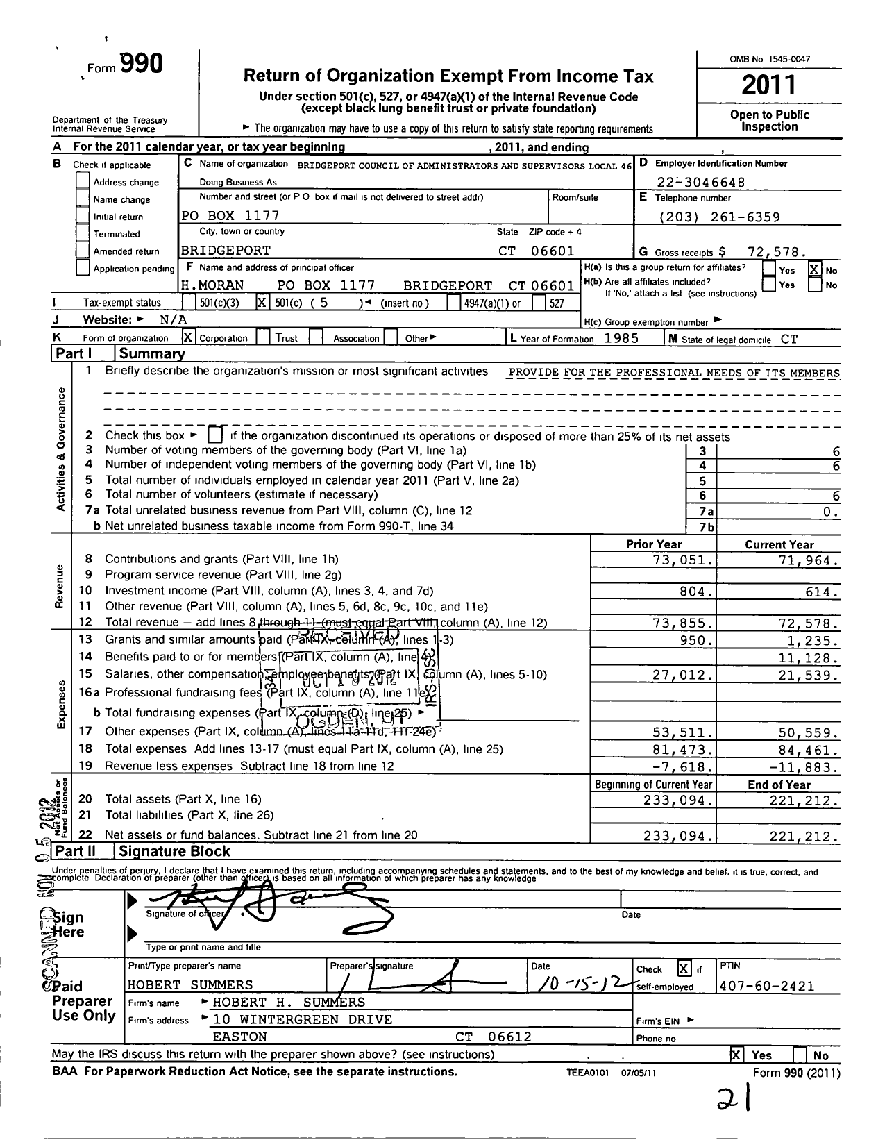 Image of first page of 2011 Form 990O for Bridgeport Council of Administrators and Supervisors