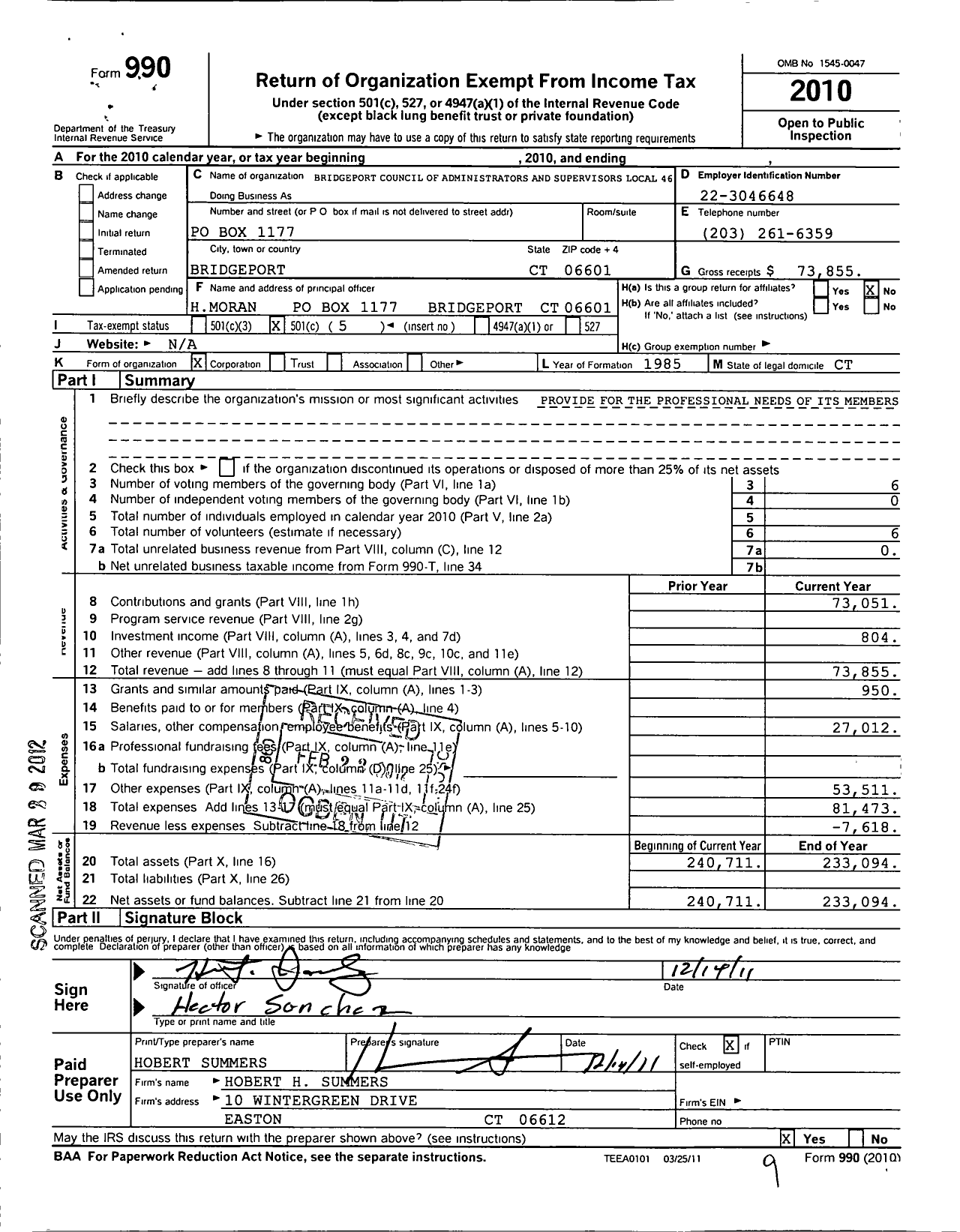 Image of first page of 2010 Form 990O for Bridgeport Council of Administrators and Supervisors