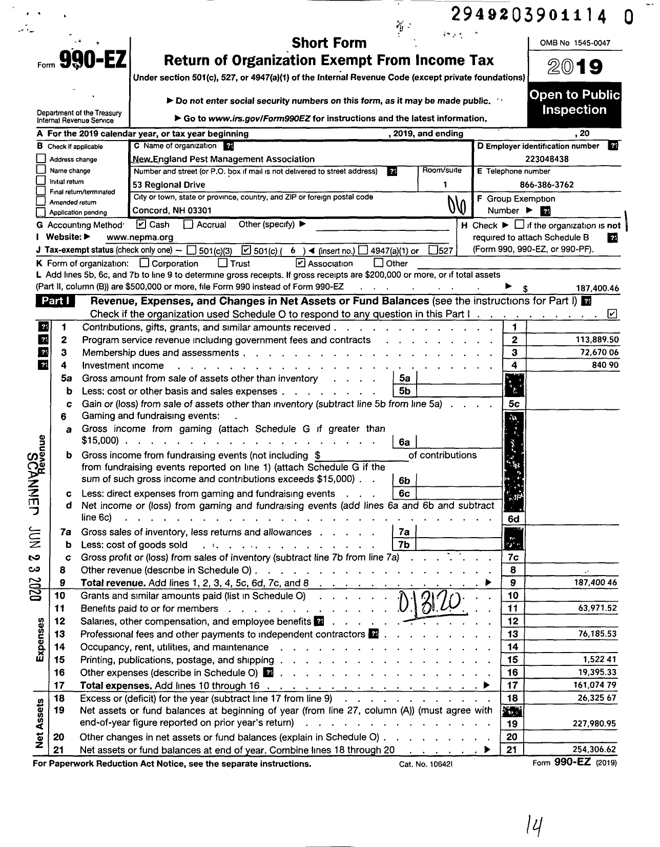 Image of first page of 2019 Form 990EO for New England Pest Management Association