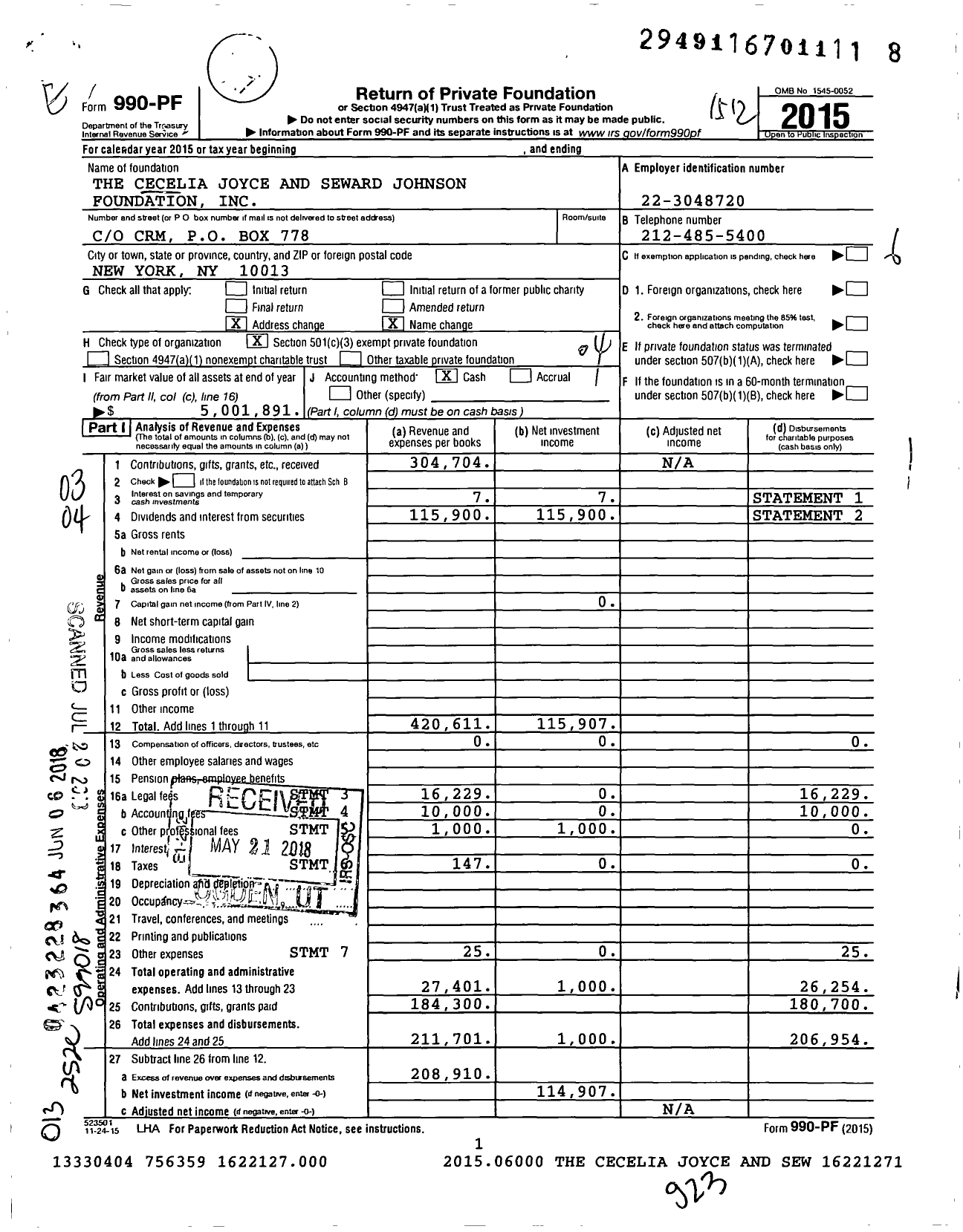 Image of first page of 2015 Form 990PF for Cecelia Joyce and Seward Johnson Foundation