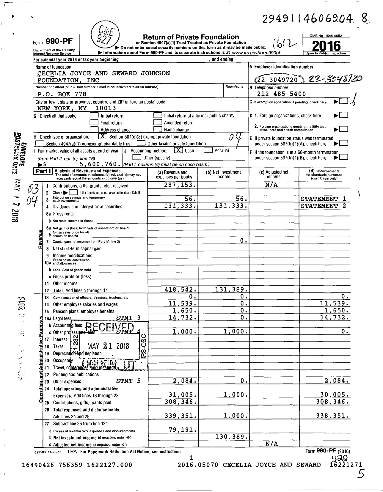 Image of first page of 2016 Form 990PF for Cecelia Joyce and Seward Johnson Foundation