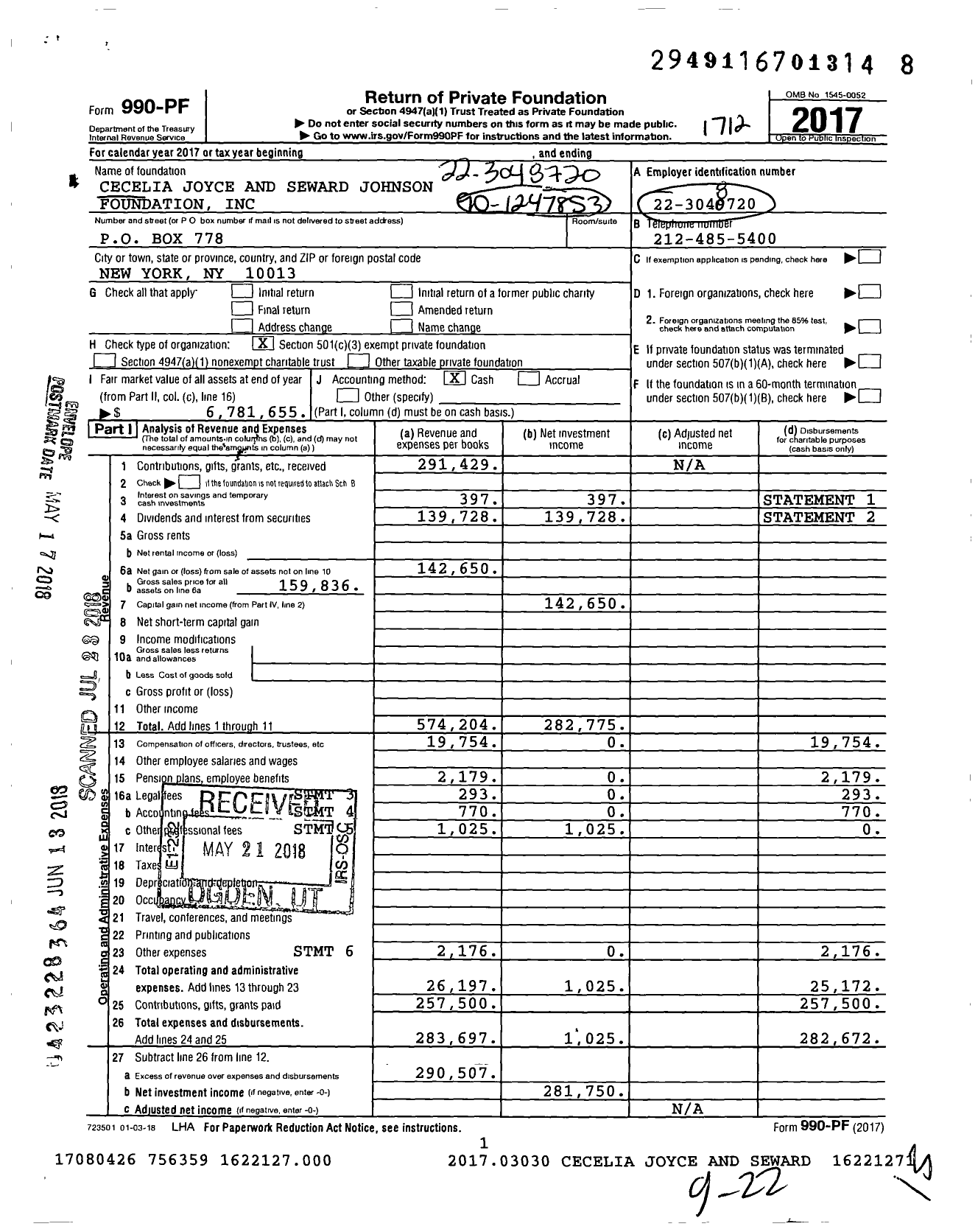 Image of first page of 2017 Form 990PF for Cecelia Joyce and Seward Johnson Foundation