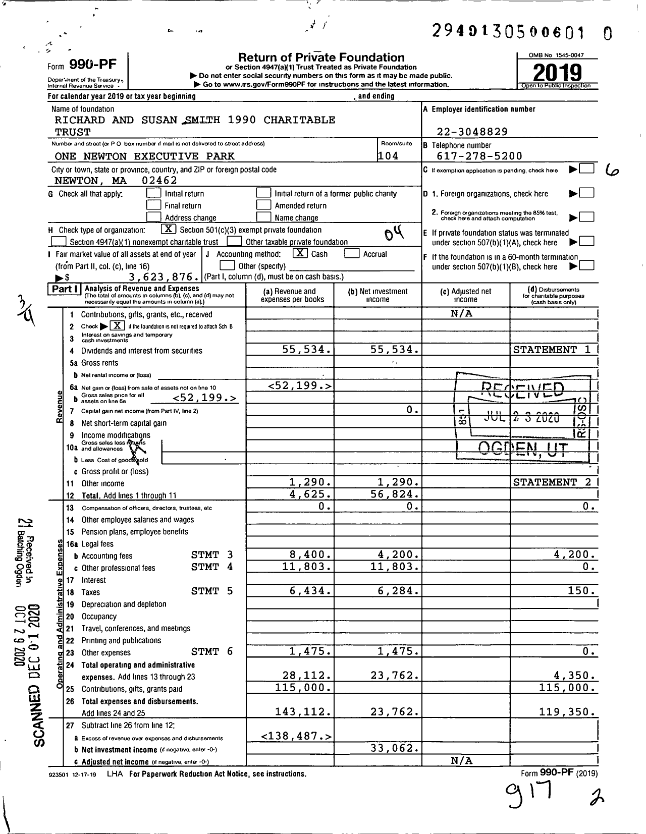 Image of first page of 2019 Form 990PF for Richard and Susan Smith 1990 Charitable Trust