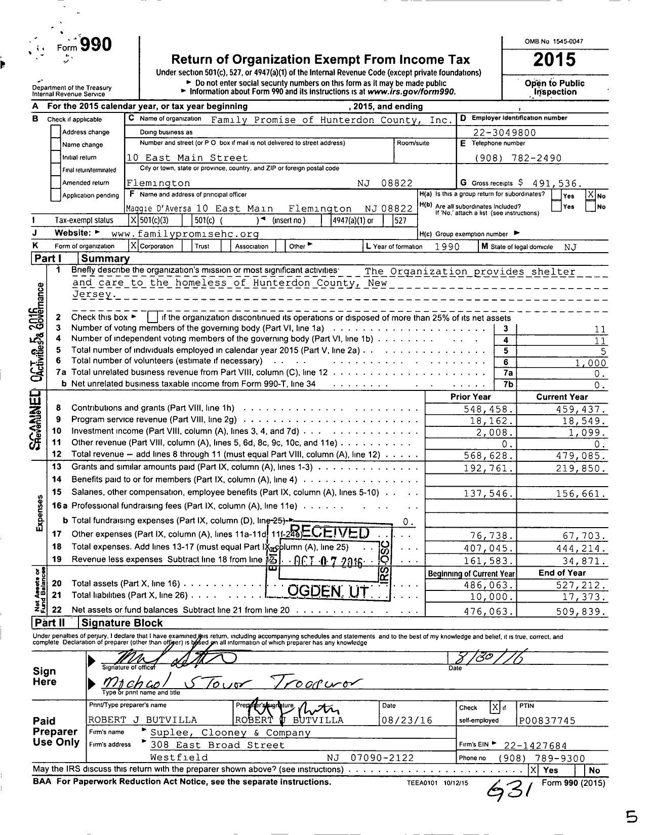 Image of first page of 2015 Form 990 for Family Promise of Hunterdon County