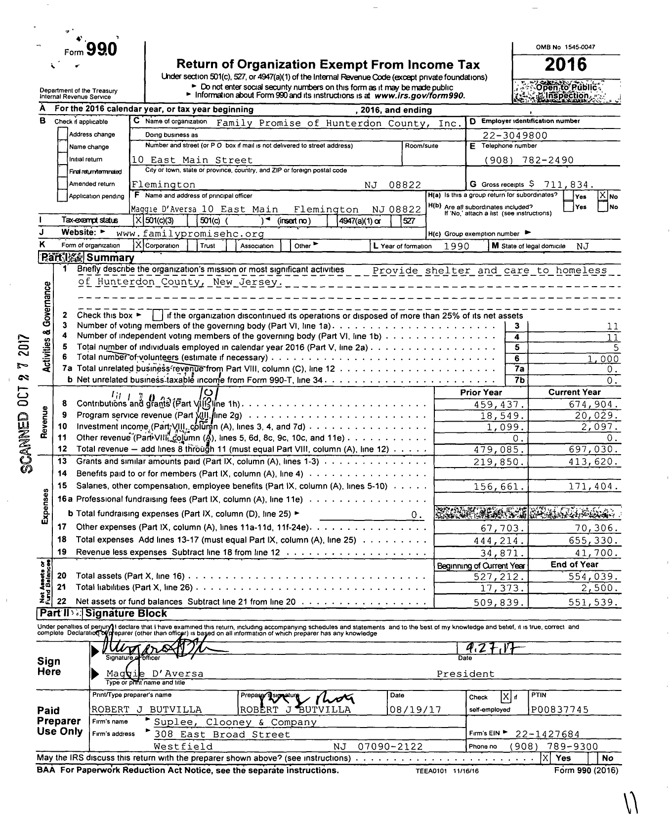 Image of first page of 2016 Form 990 for Family Promise of Hunterdon County