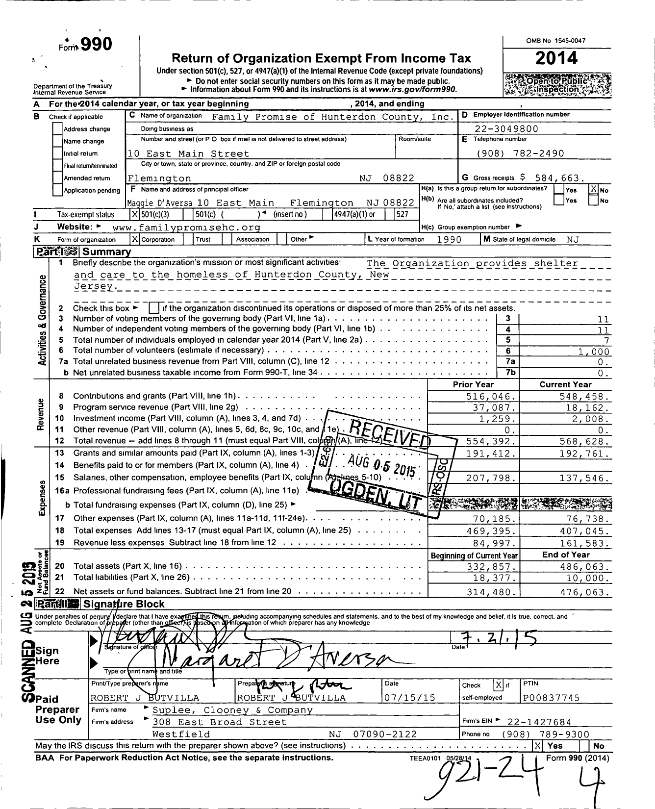 Image of first page of 2014 Form 990 for Family Promise of Hunterdon County