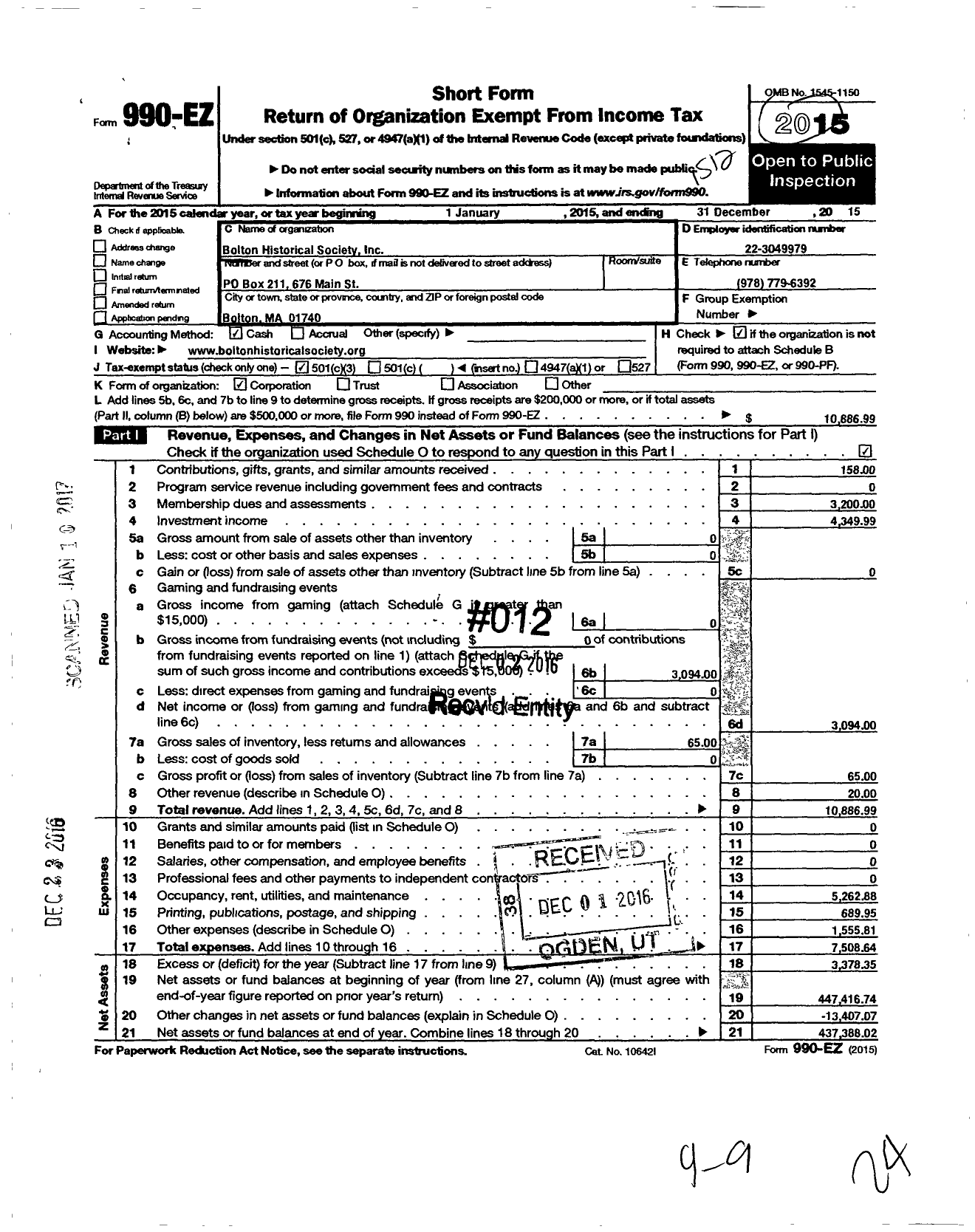 Image of first page of 2015 Form 990EZ for Bolton Historical Society