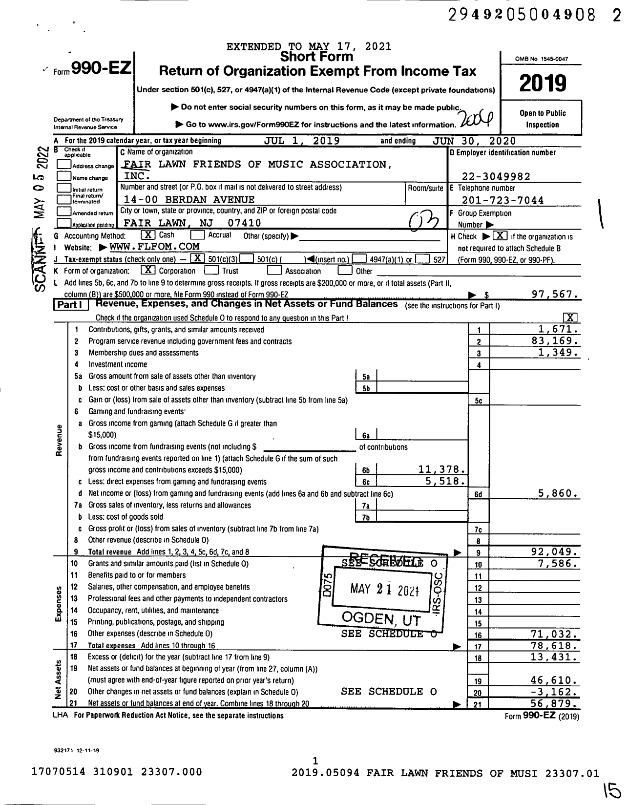 Image of first page of 2019 Form 990EZ for Fair Lawn Friends Of Music Association