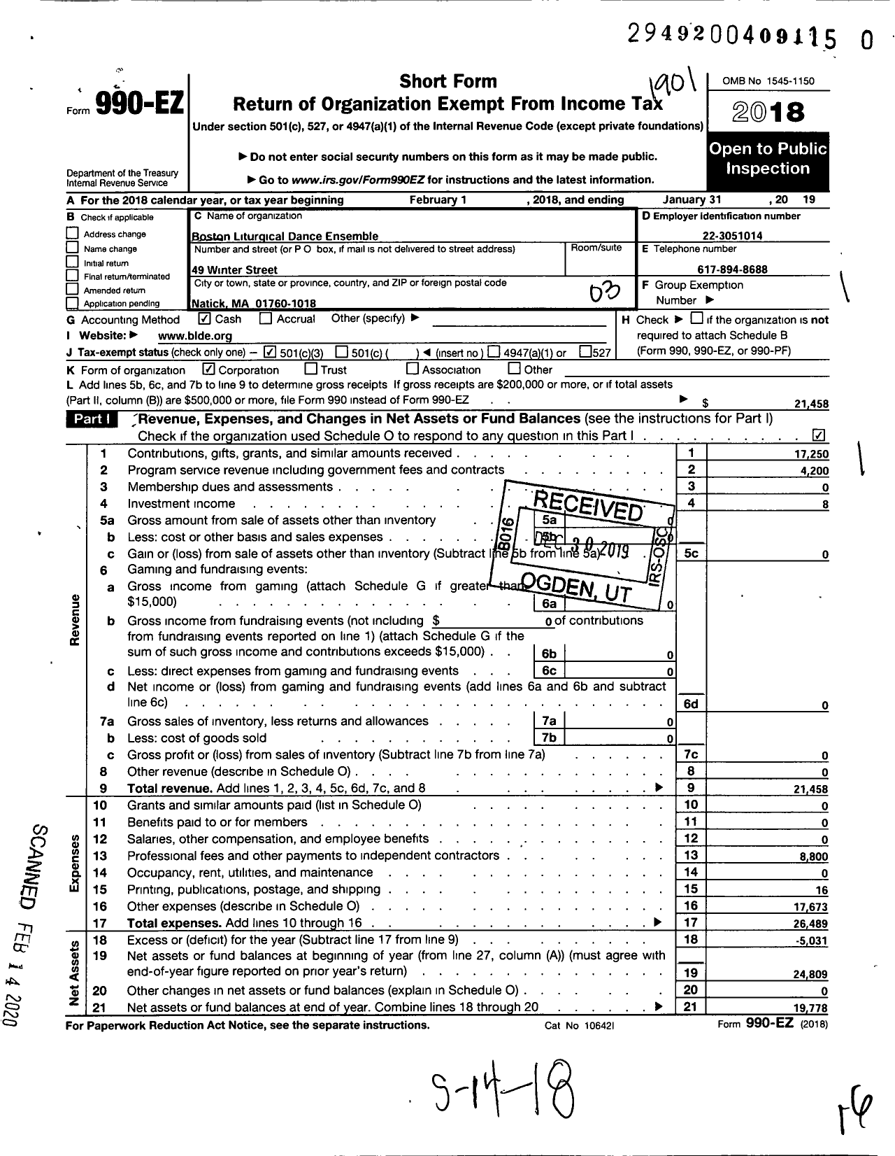 Image of first page of 2018 Form 990EZ for Boston Liturgical Dance Ensemble