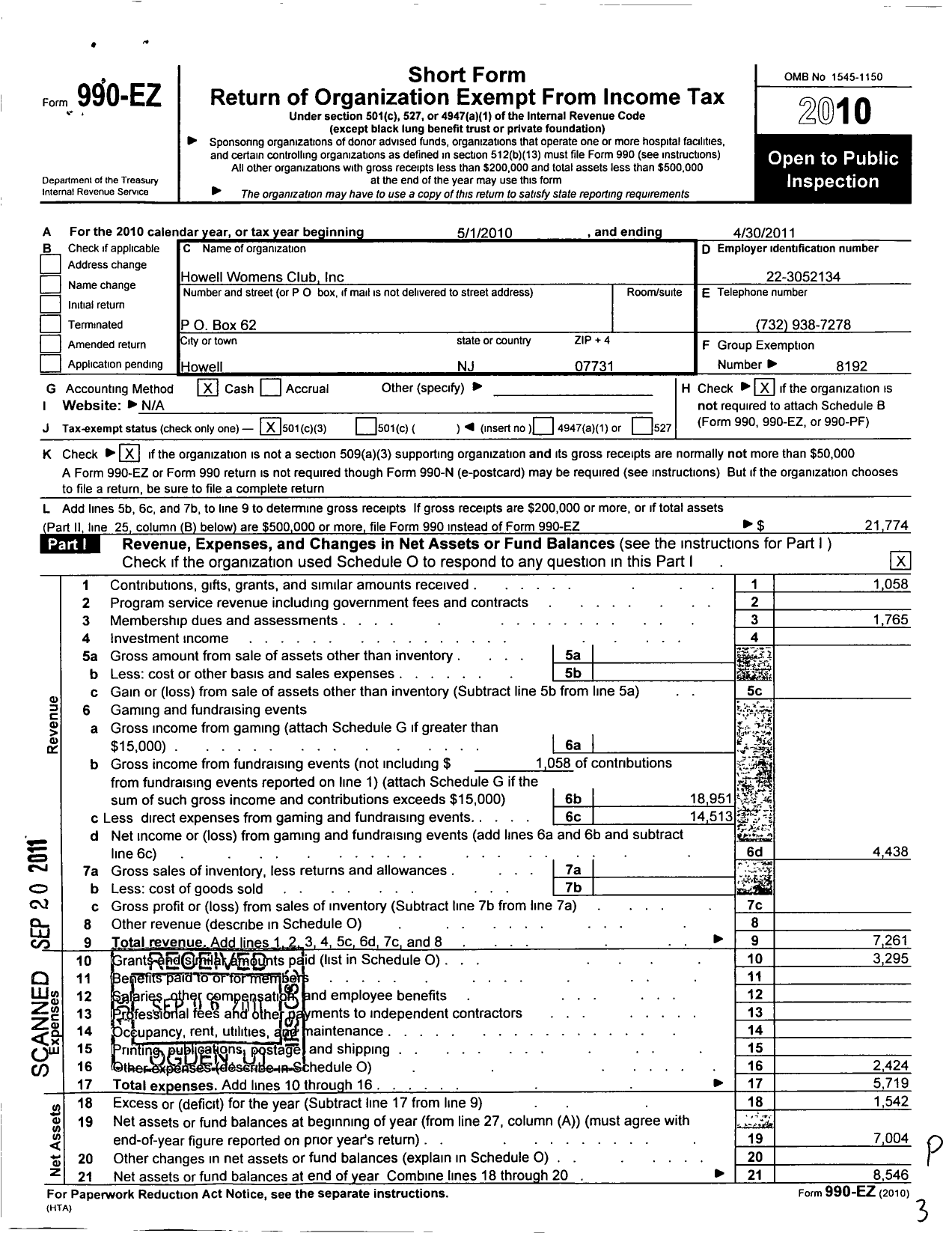 Image of first page of 2010 Form 990EZ for New Jersey State Federation of Women's Clubs - Howell Womens Club