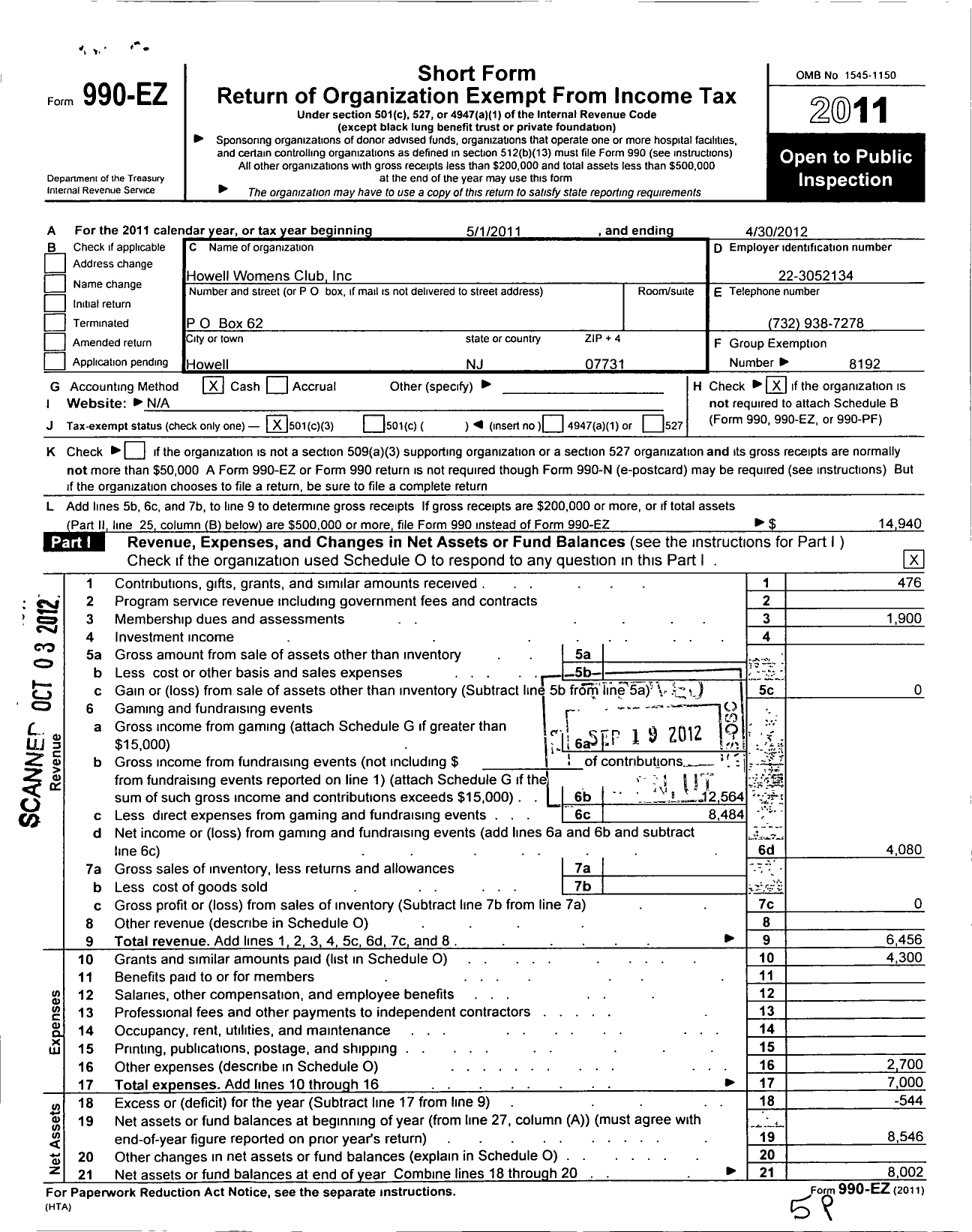 Image of first page of 2011 Form 990EZ for New Jersey State Federation of Women's Clubs - Howell Womens Club