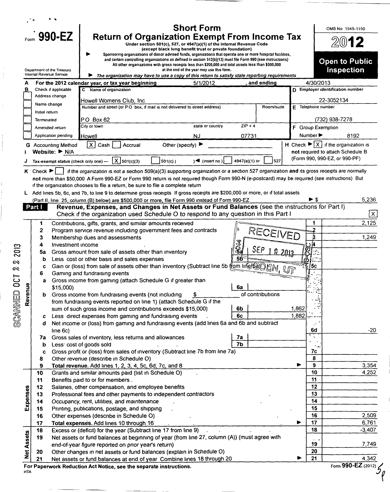 Image of first page of 2012 Form 990EZ for New Jersey State Federation of Women's Clubs - Howell Womens Club