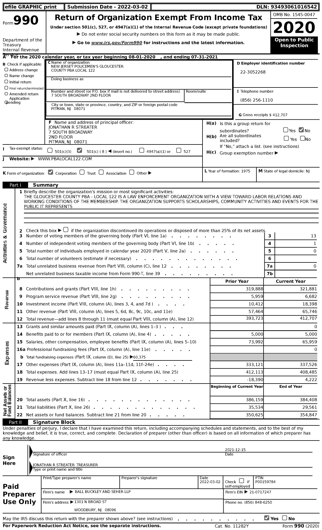 Image of first page of 2020 Form 990 for NJ State Patrolmen's Benevolent Association - 122 Gloucester County Pba Local