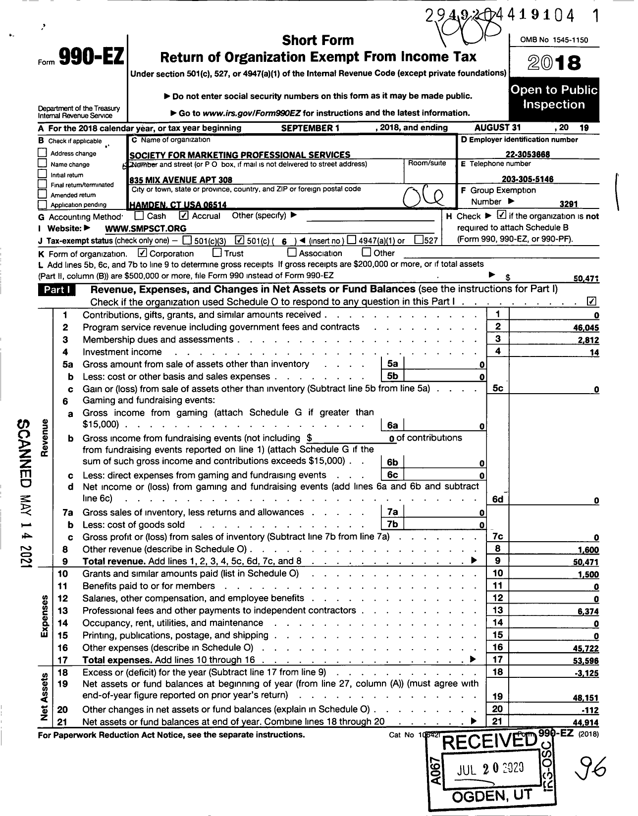 Image of first page of 2018 Form 990EO for Society for Marketing Professional Services / Connecticut Chapter of SMPS