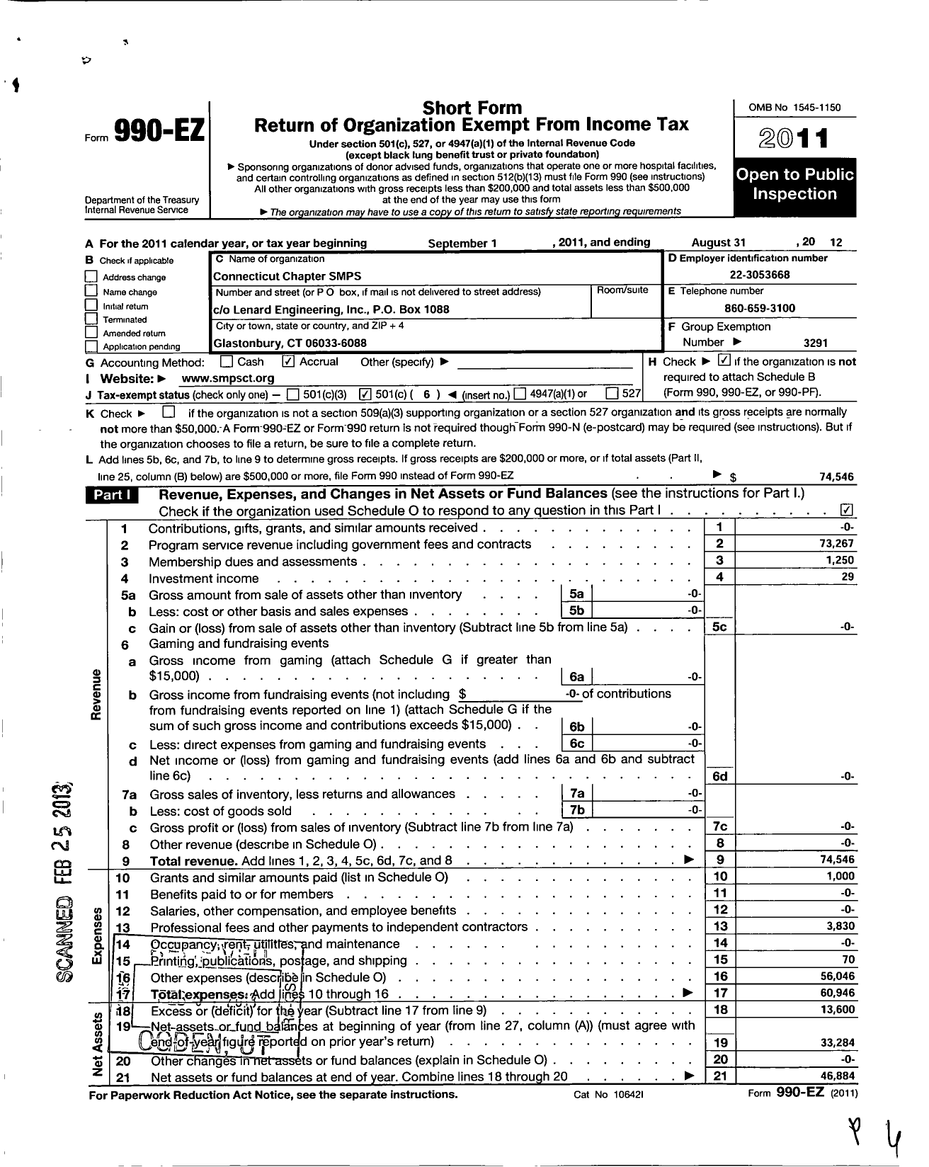 Image of first page of 2011 Form 990EO for Society for Marketing Professional Services / Connecticut Chapter of SMPS