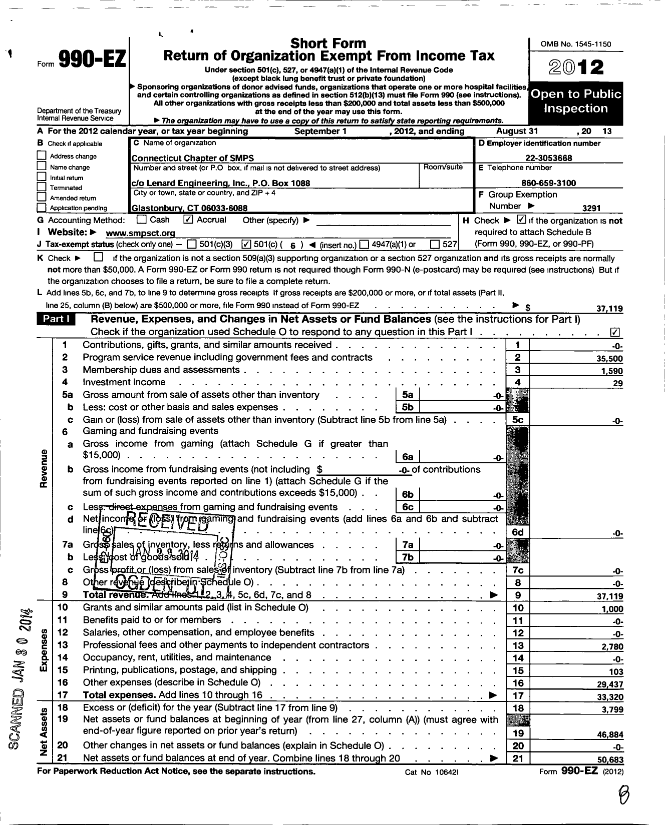 Image of first page of 2012 Form 990EO for Society for Marketing Professional Services / Connecticut Chapter of SMPS