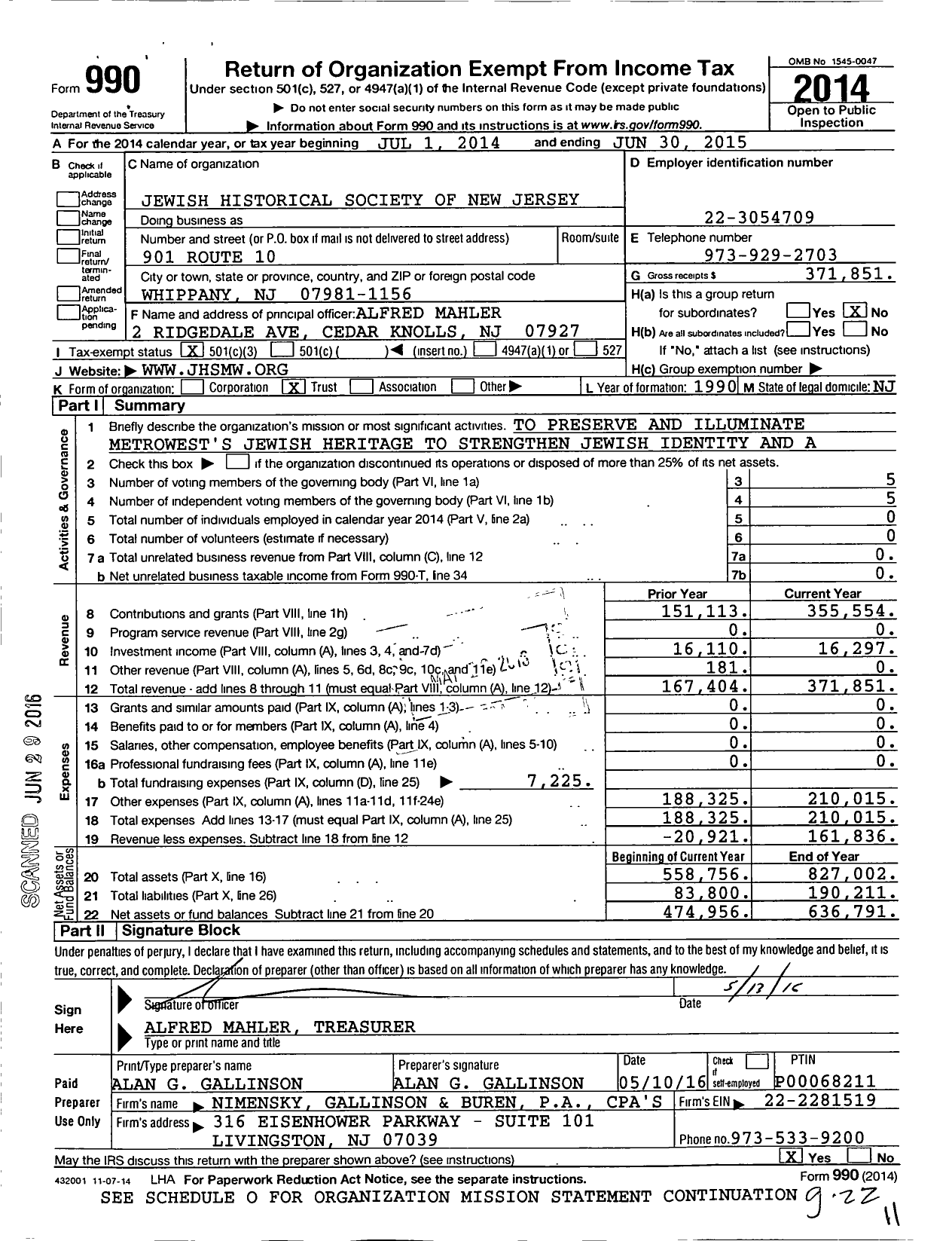 Image of first page of 2014 Form 990 for Jewish Historical Society of New Jersey