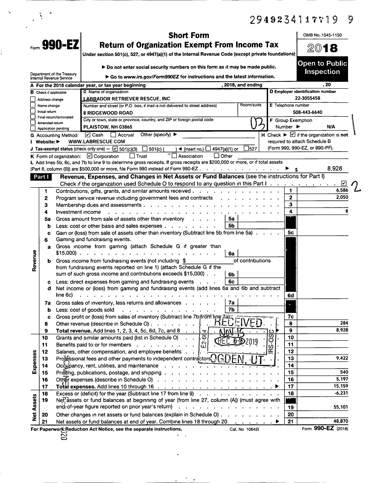 Image of first page of 2018 Form 990EZ for Labrador Retriever Rescue