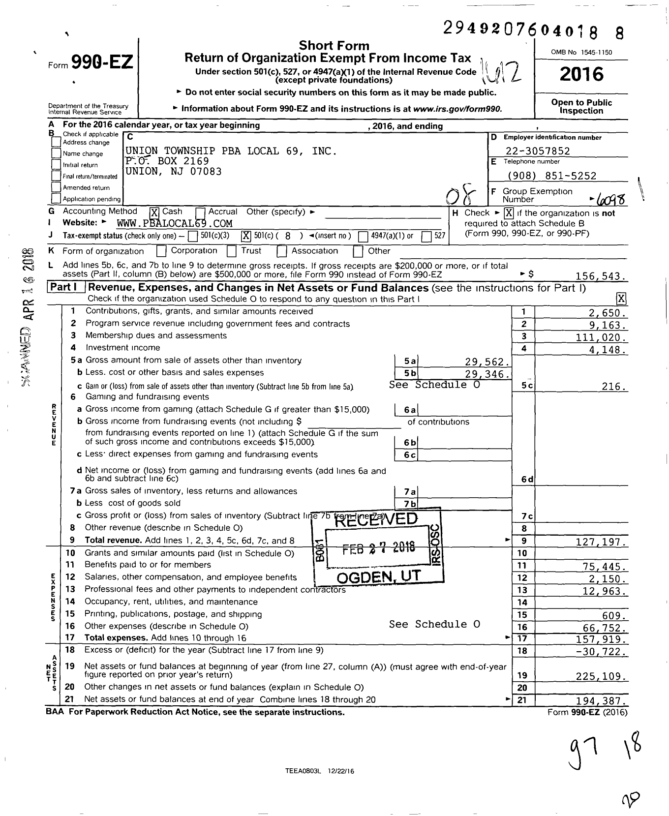 Image of first page of 2016 Form 990EO for NJ State Patrolmen's Benevolent Association - 69 Union Township Pba