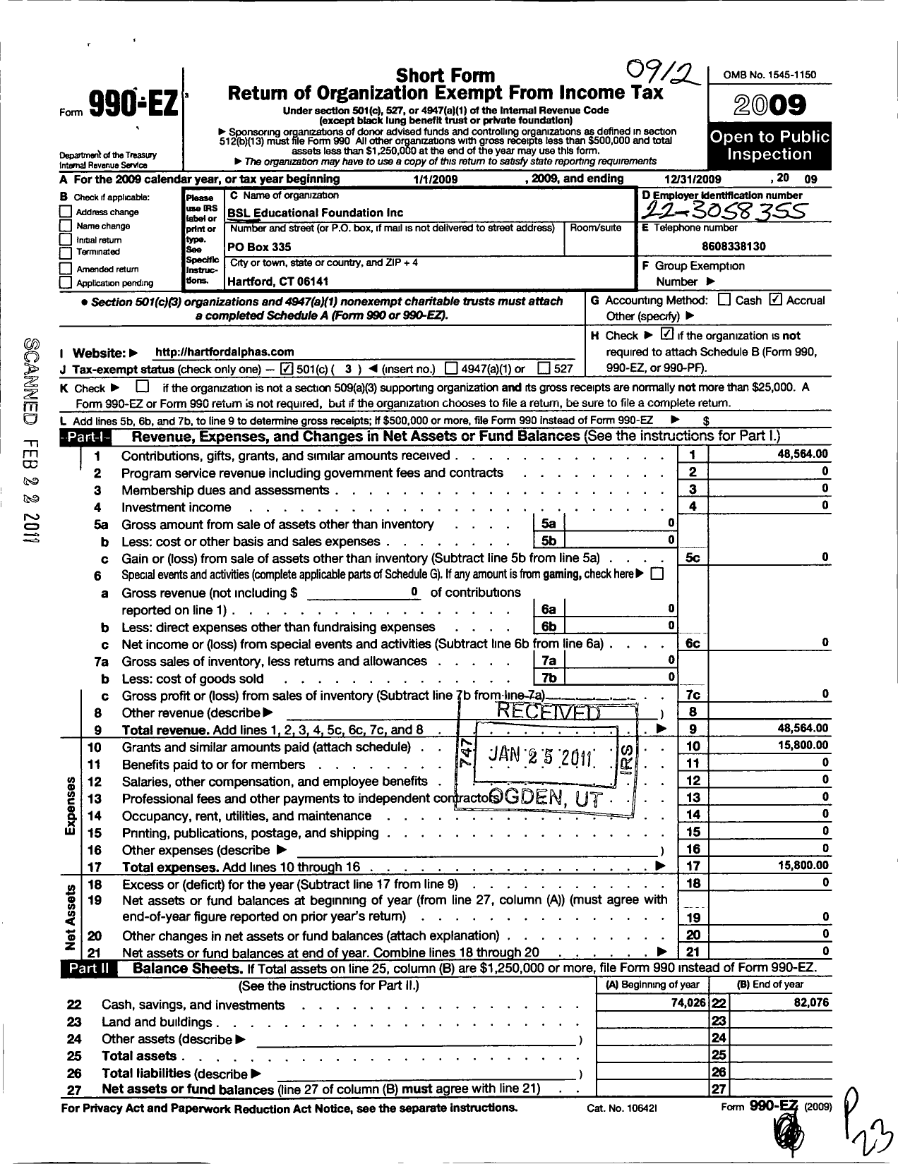 Image of first page of 2009 Form 990EZ for BSL Educational Foundation