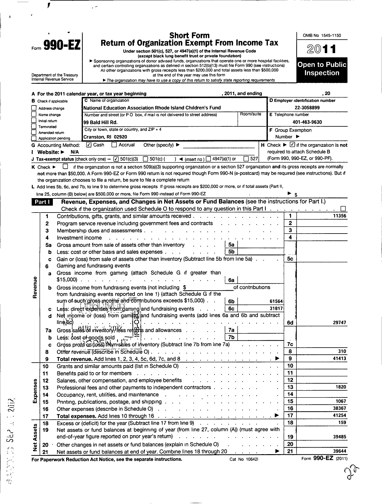 Image of first page of 2011 Form 990EZ for National Education Association Rhode Island Childrens Fund