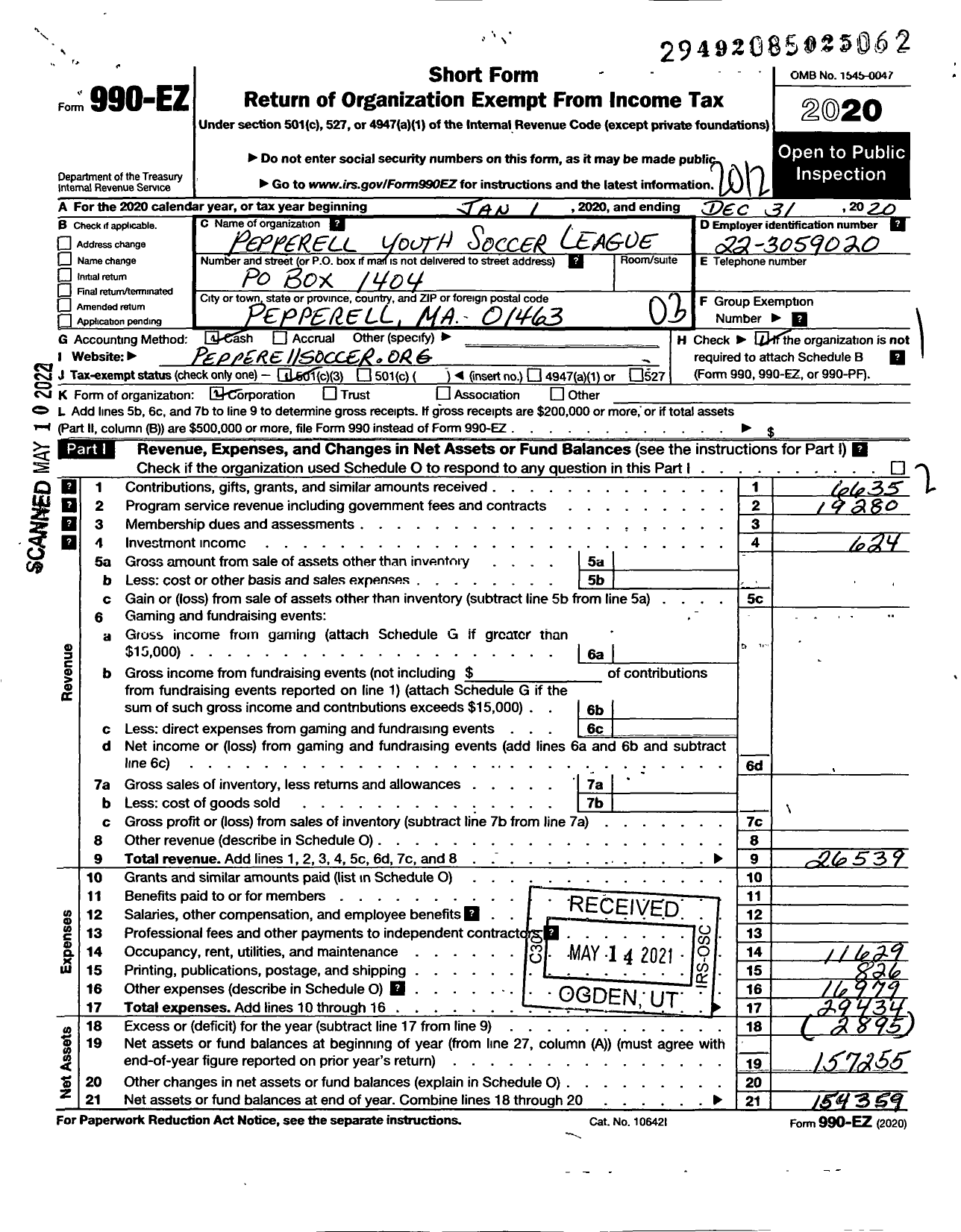 Image of first page of 2020 Form 990EZ for Pepperell Youth Soccer League