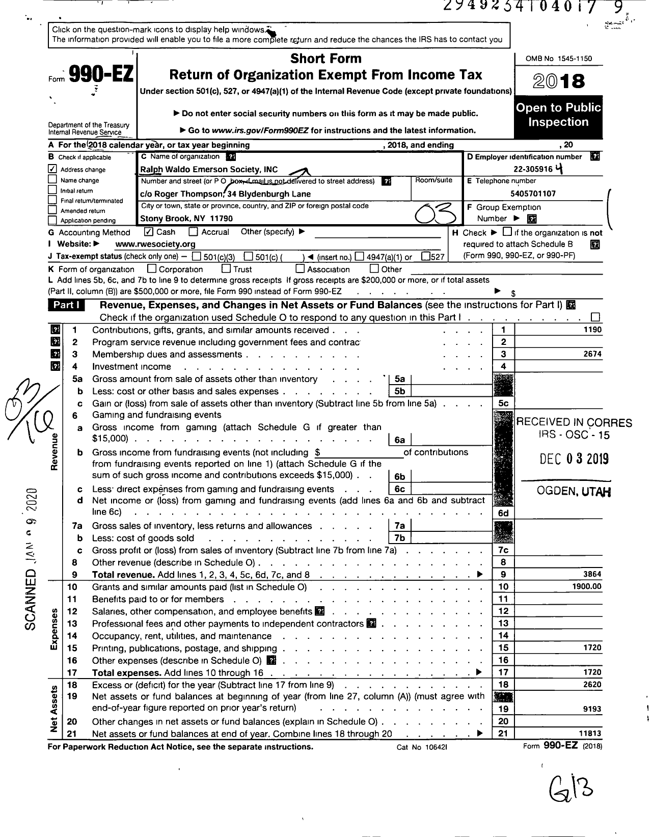 Image of first page of 2018 Form 990EZ for Ralph Waldo Emerson Society