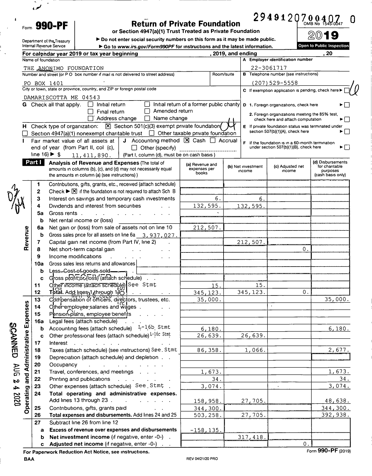 Image of first page of 2019 Form 990PR for The Anonimo Foundation