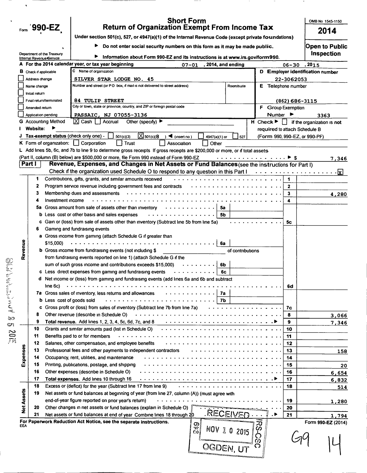 Image of first page of 2014 Form 990EO for Most Worshipful Prince Hall F and Am of New Jersey - 45 Silver Star