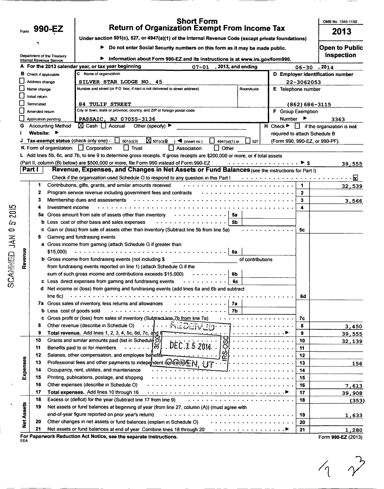 Image of first page of 2013 Form 990EO for Most Worshipful Prince Hall F and Am of New Jersey - 45 Silver Star