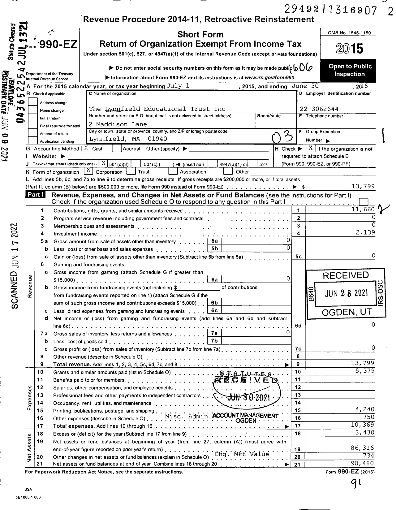 Image of first page of 2015 Form 990EZ for The Lynnfield Educational Trust