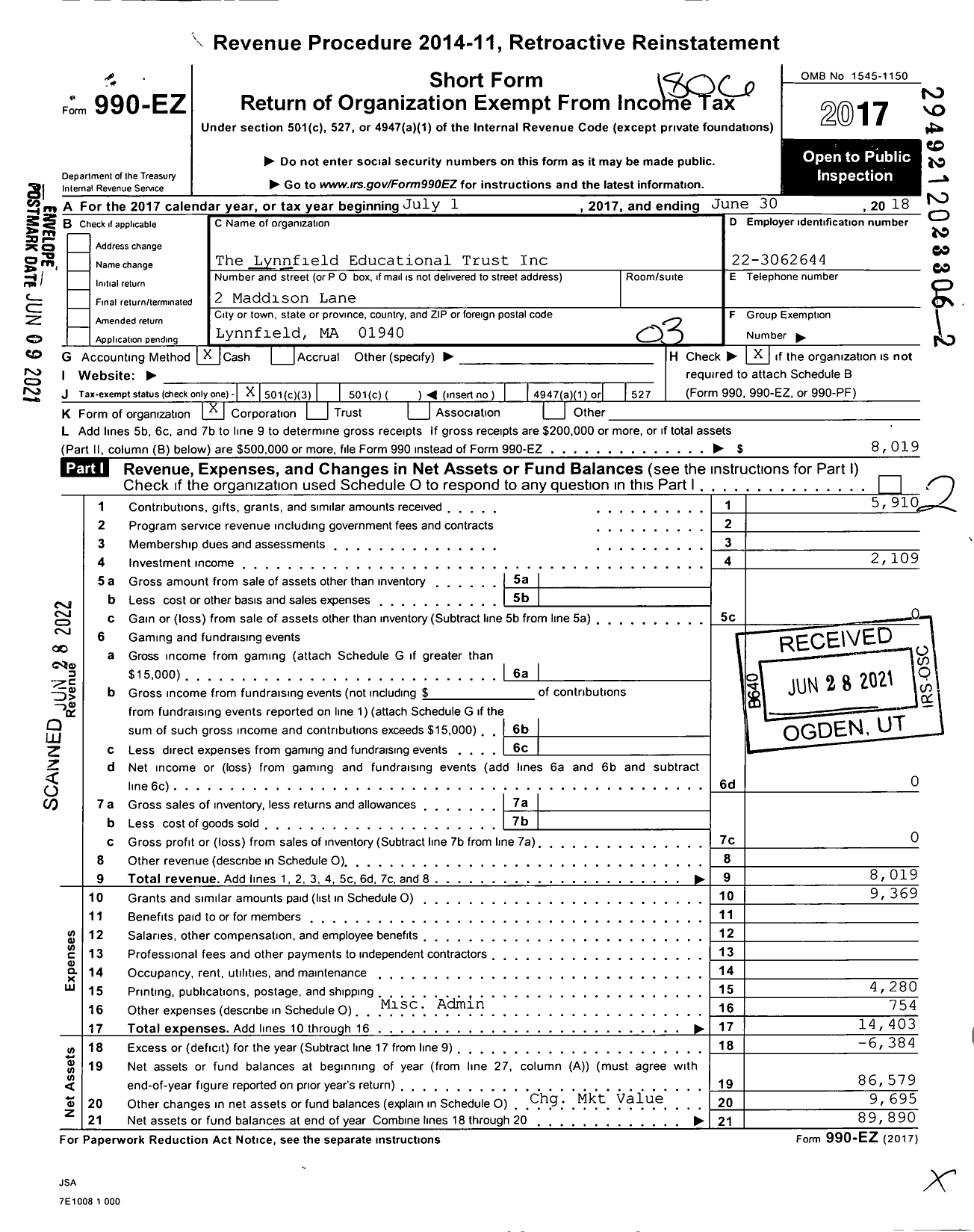 Image of first page of 2017 Form 990EZ for The Lynnfield Educational Trust