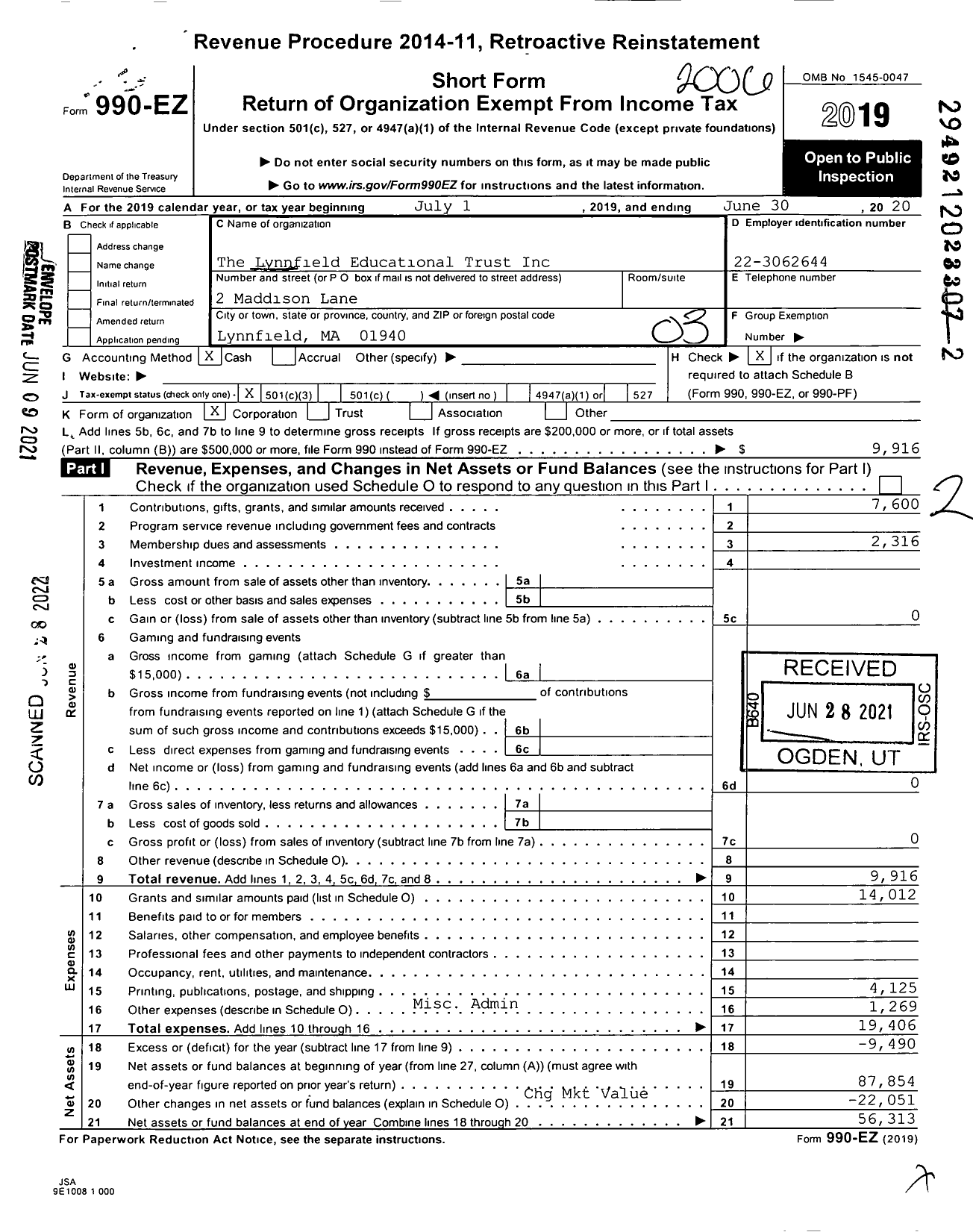 Image of first page of 2019 Form 990EZ for The Lynnfield Educational Trust