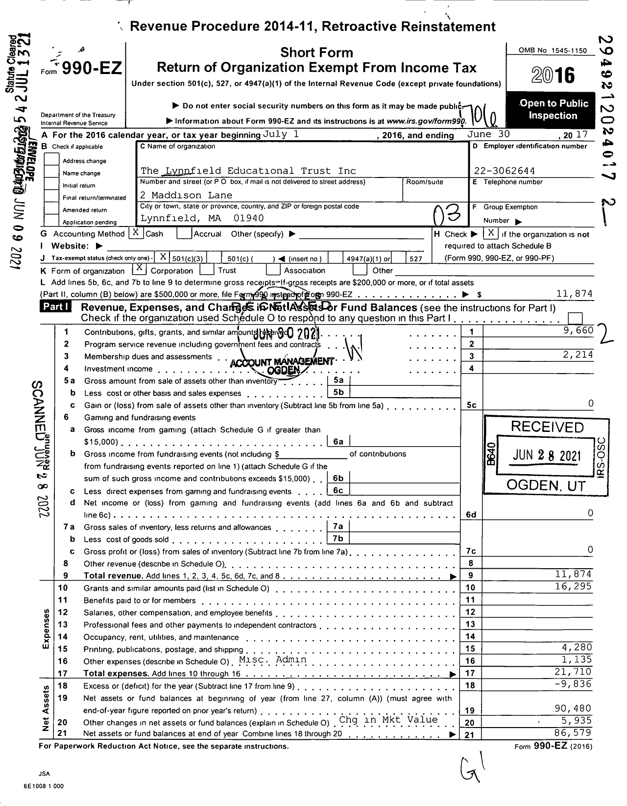 Image of first page of 2016 Form 990EZ for The Lynnfield Educational Trust