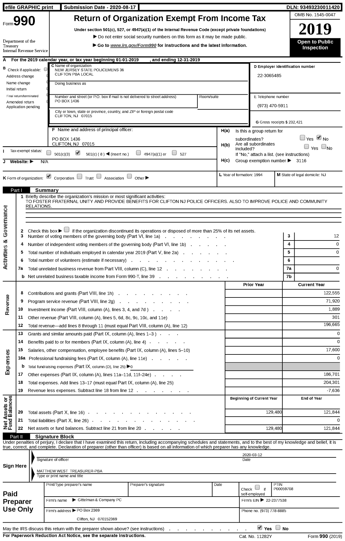 Image of first page of 2019 Form 990 for NJ State Patrolmen's Benevolent Association - 36 Clifton Pba Local