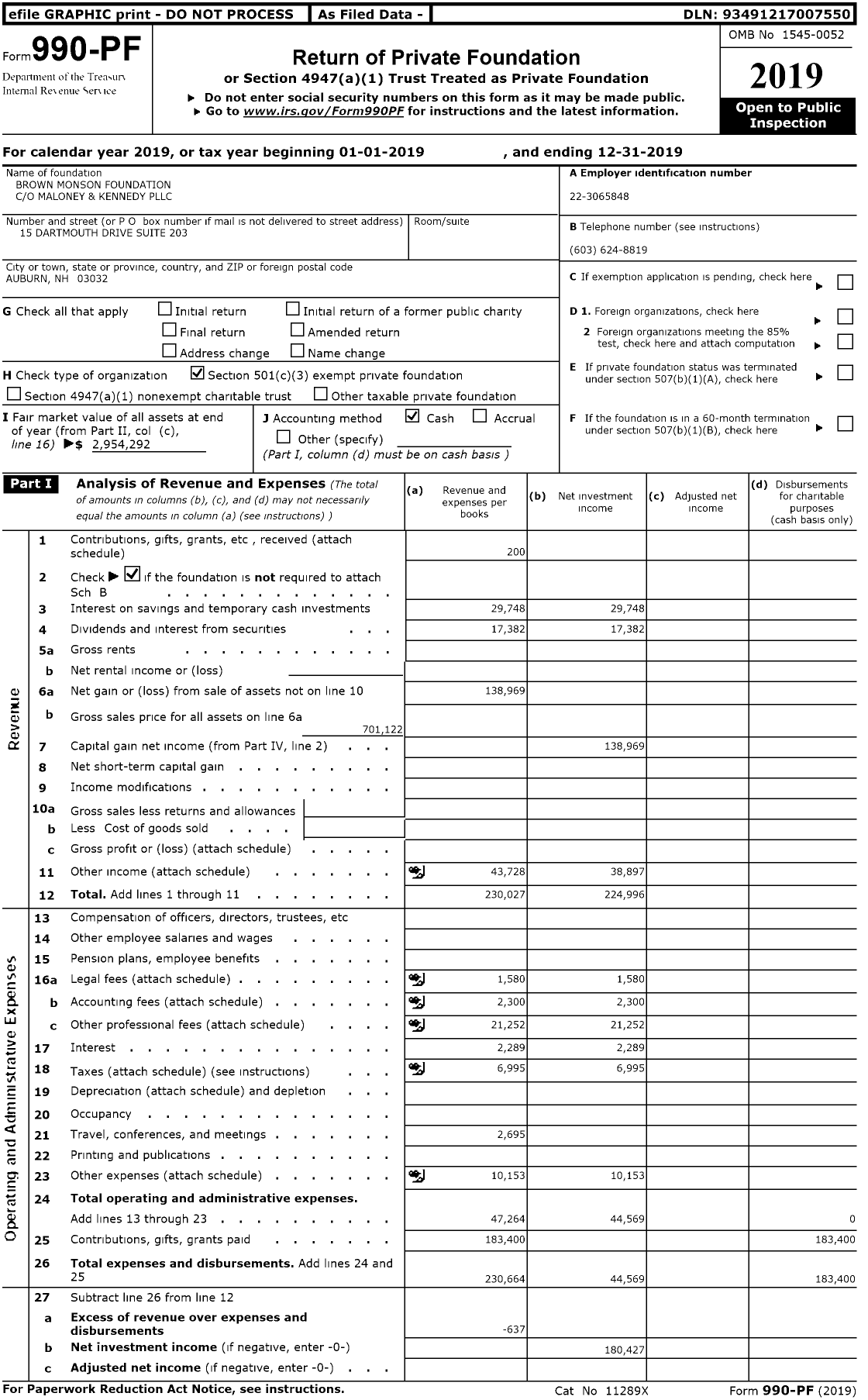 Image of first page of 2019 Form 990PR for Brown Monson Foundation