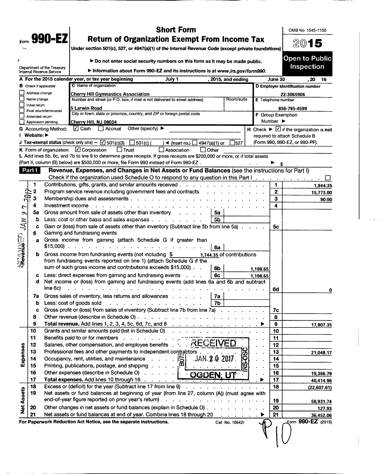 Image of first page of 2015 Form 990EZ for Cherry Hill Gymnastics Association