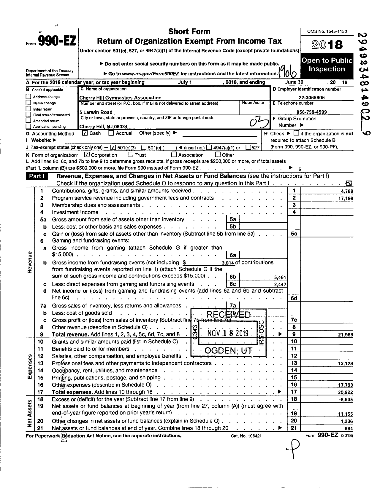 Image of first page of 2018 Form 990EZ for Cherry Hill Gymnastics Association